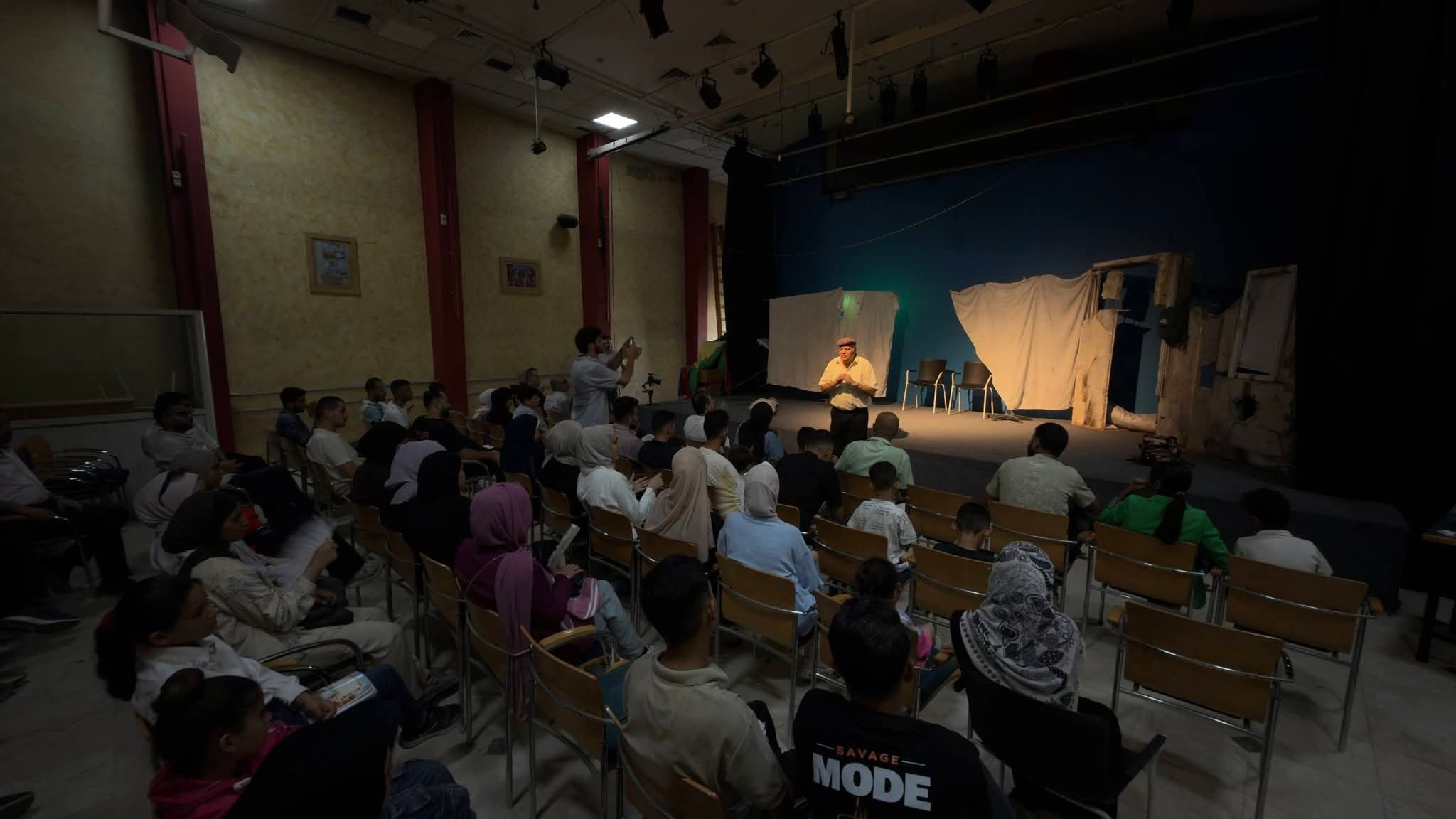 Director Ali Abu Yasin addresses the audience after 50 Minutes in Gaza, a play he says emerged “from under the rubble” of the war