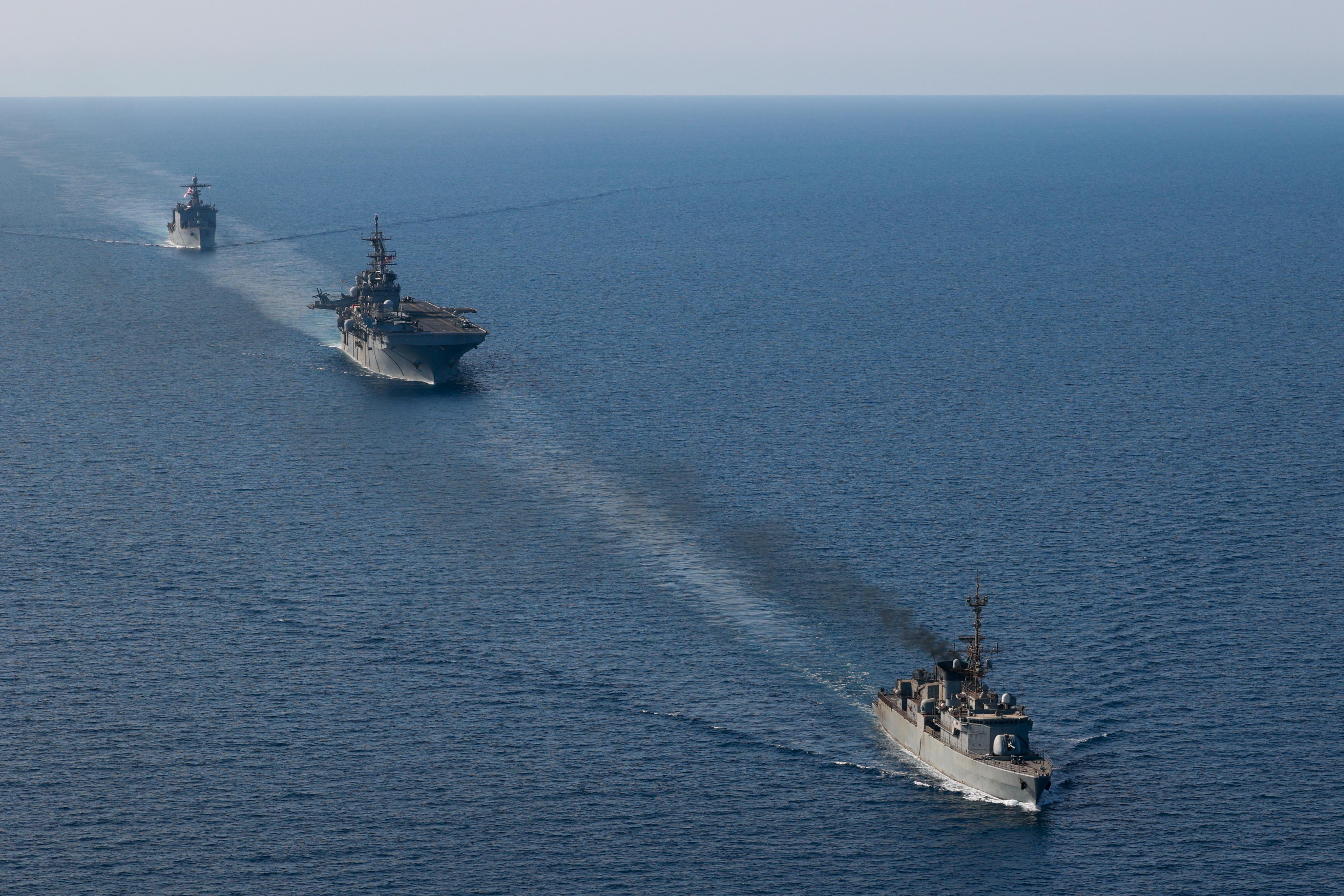 A Royal Saudi Naval Forces frigate sails with US Fifth Fleet ships on operations to help ensure maritime security and stability in the Middle East region, in the Red Sea, in August 2023 [Reuters]