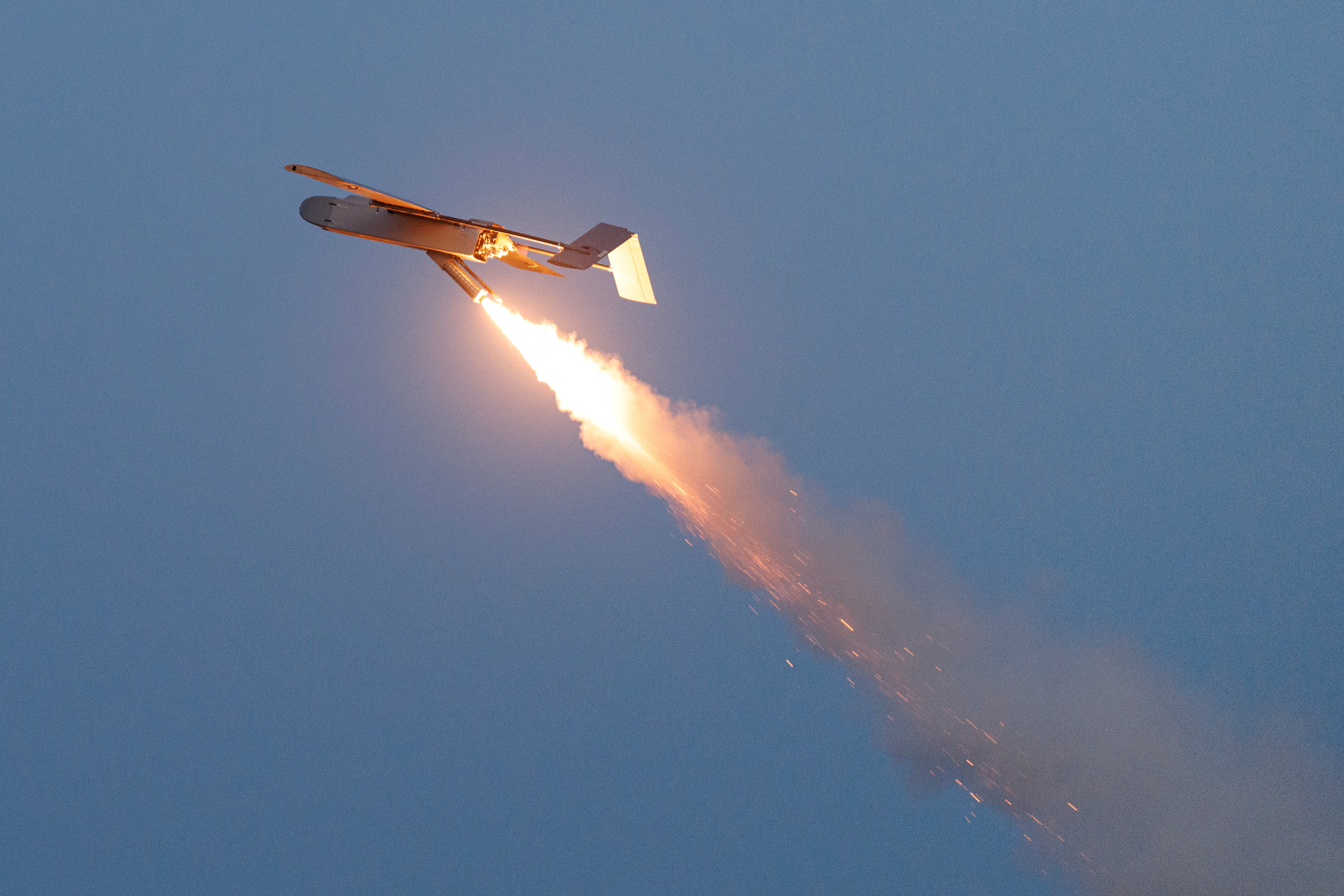 An FP-1 deep-strike drone in the sky.