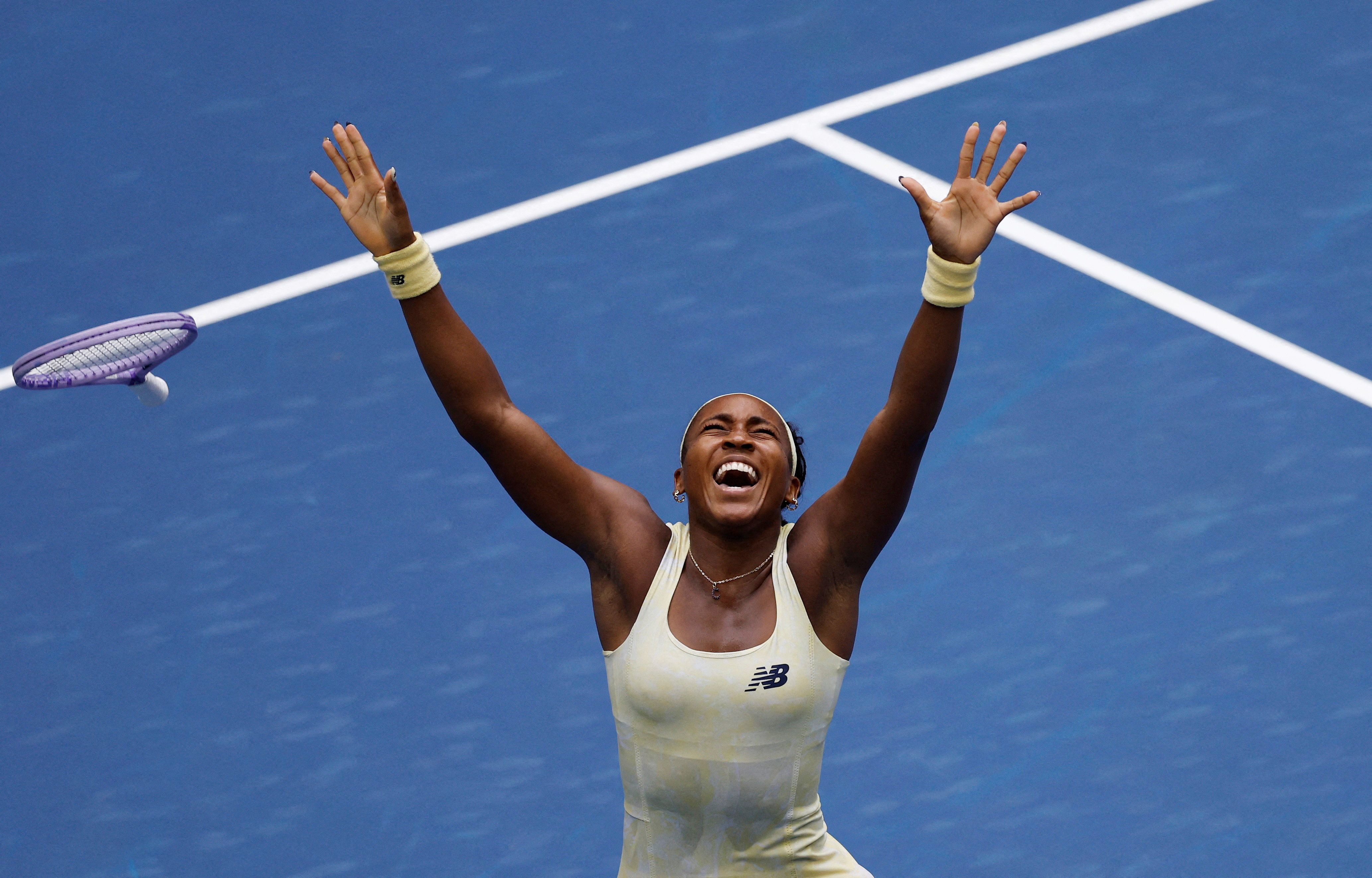 Coco Gauff of the U.S. celebrates winning her quarter final match against Russia's Mirra Andreeva