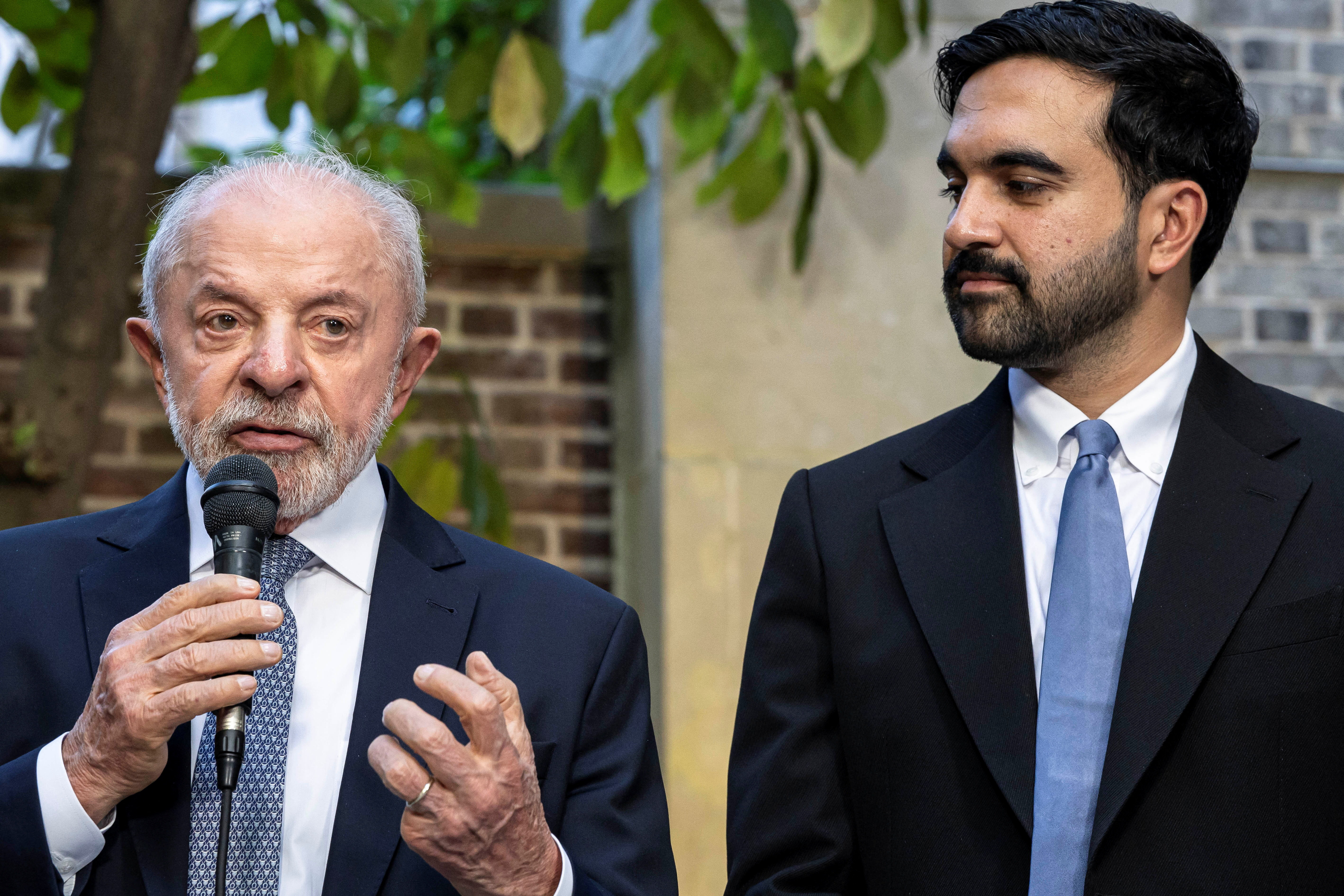 New York City Mayor Zohran Mamdani and Brazilian President Luiz Inacio Lula da Silva speak to reporters after a meeting in New York on September 21, 2026