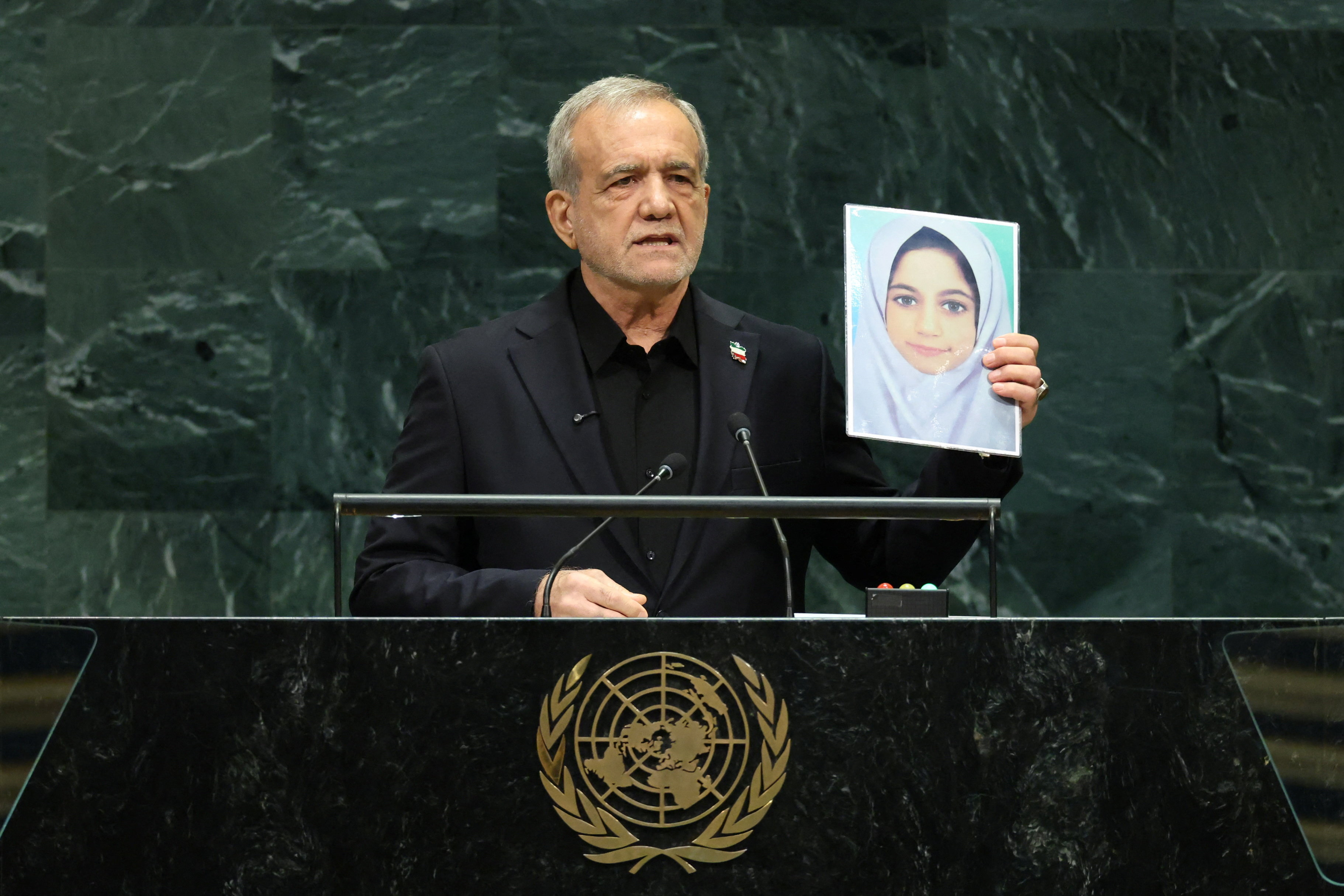 Iran's President Masoud Pezeshkian addresses the 81st United Nations General Assembly at UN headquarters in New York