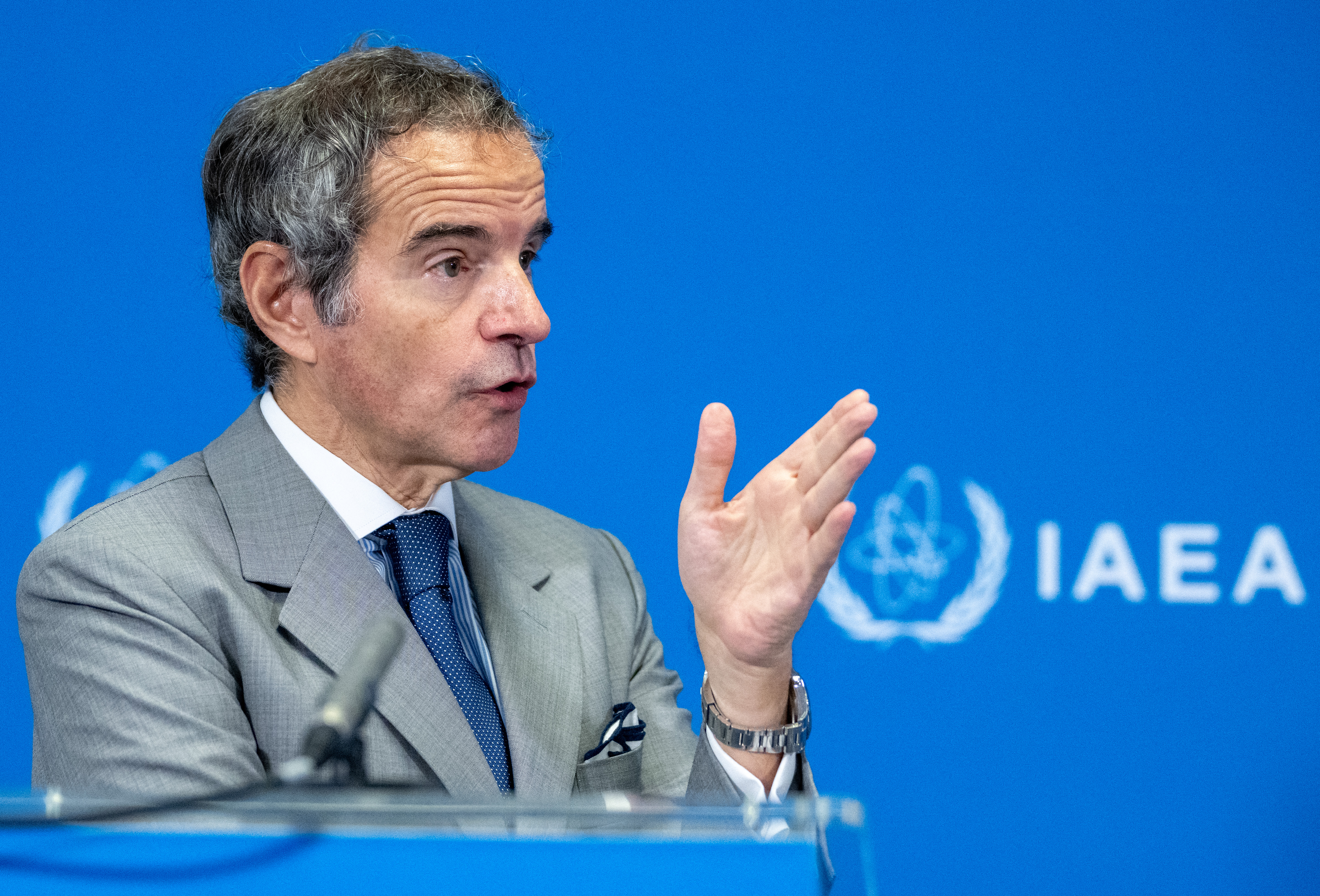 Director General of the International Atomic Energy Agency (IAEA) Rafael Grossi addresses a press conference following a Board of Governors' Meeting at the agency's headquarters in Vienna, Austria on June 8, 2026. [Joe Klamar / AFP]