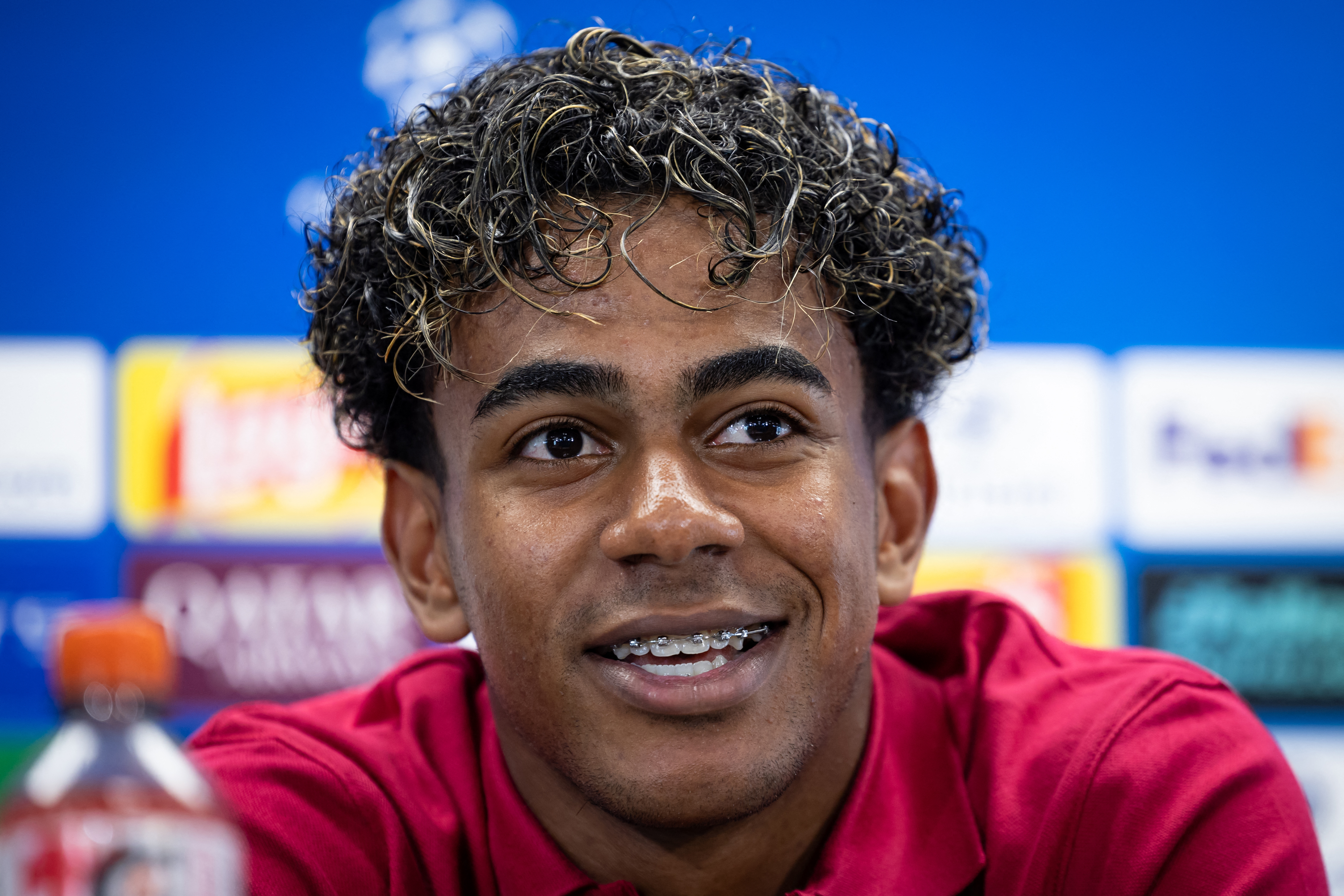 Barcelona's forward Lamine Yamal holds a news conference.