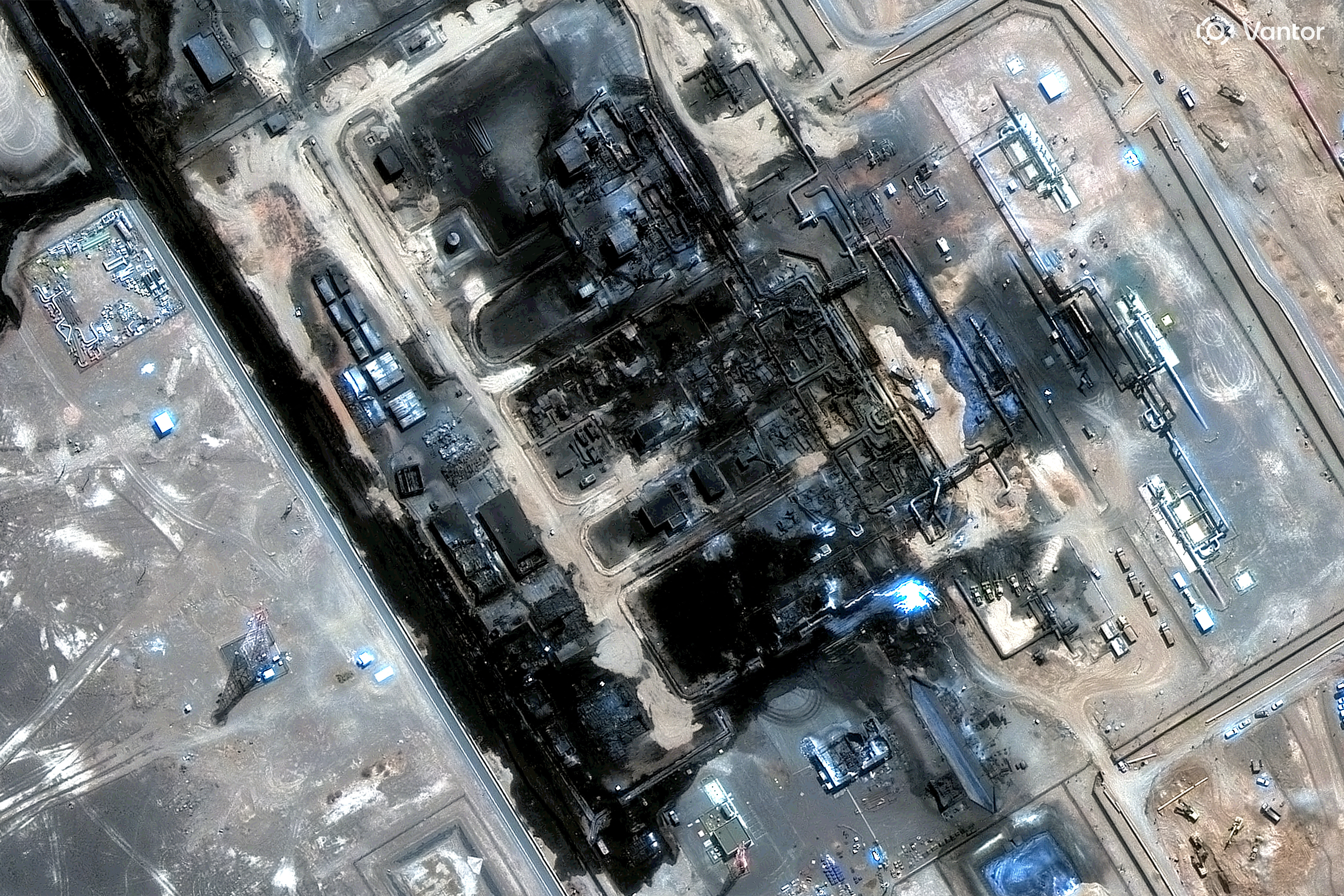 Satellite image shows a damaged oil-pumping station.