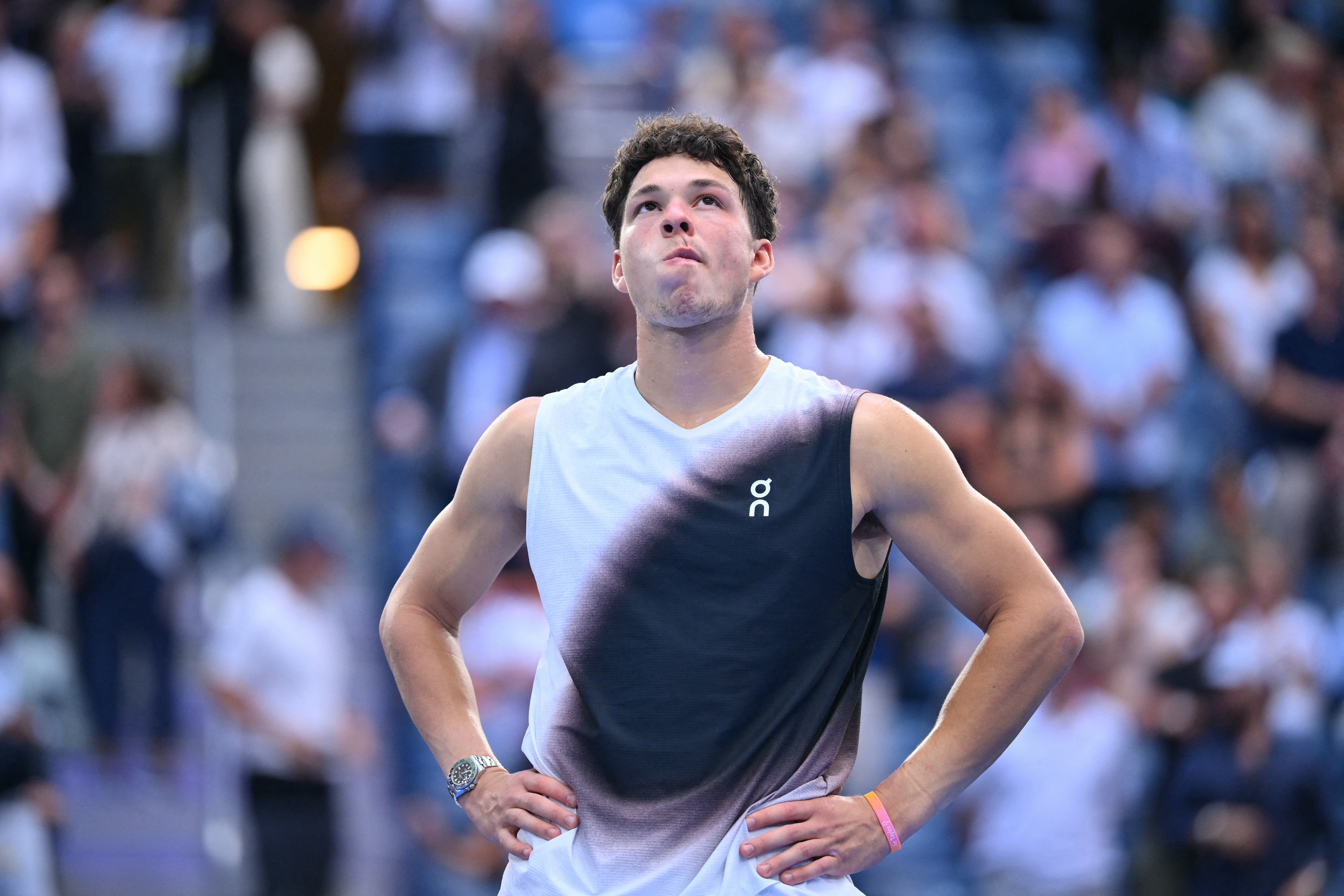 USA's Ben Shelton reacts after losing the men's singles final tennis match to Germany's Alexander Zverev on day fifteen of the US Open tennis tournament at the USTA Billie Jean King National Tennis Center in New York City on September 13, 2026. (Photo by ANGELA WEISS / AFP)