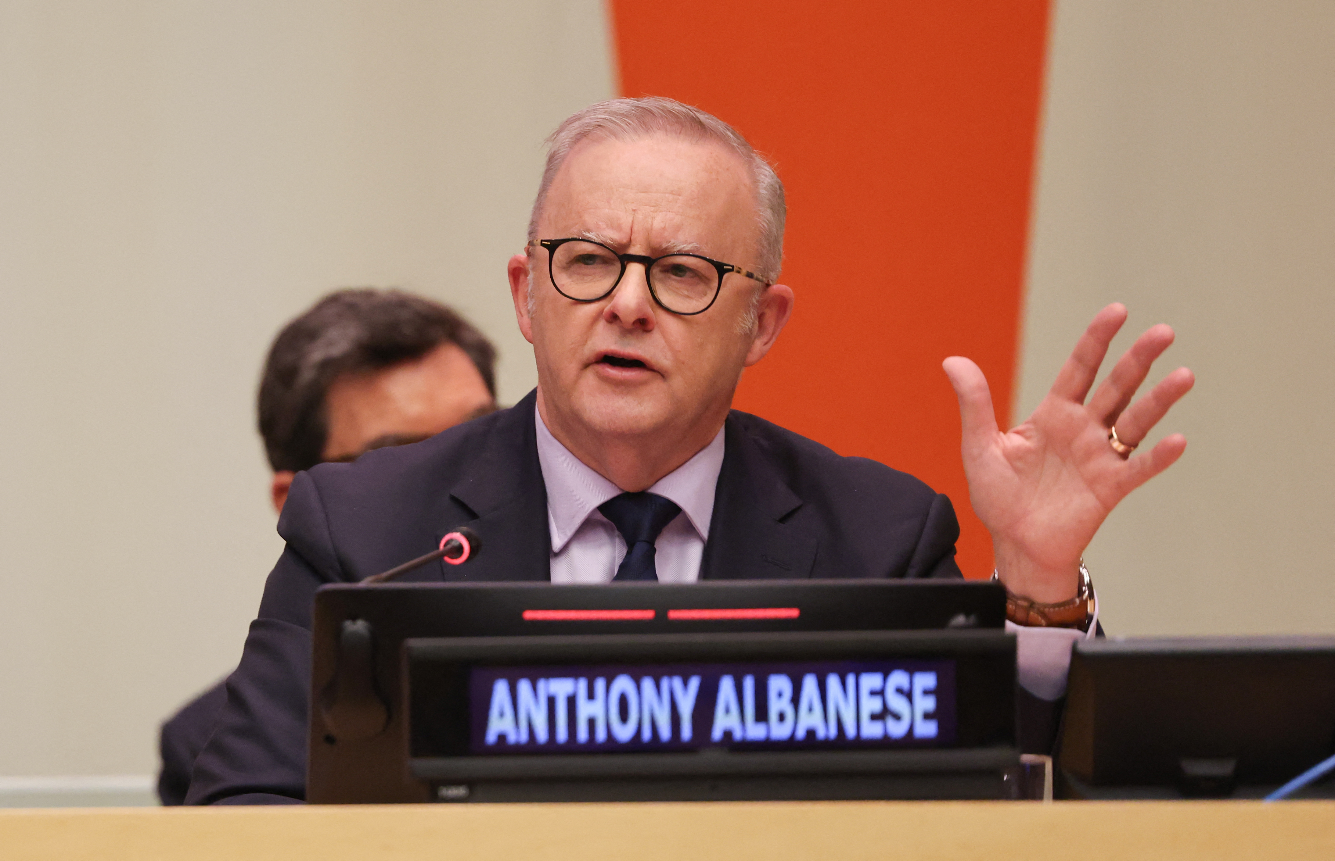 Australia's Prime Minister Anthony Albanese participates in the Coalition for the Rights and Protection of Children in the Age of Artificial Intelligence session on the sidelines of the 81st United Nations General Assembly at United Nations Headquarters in New York on September 22, 2026 [Ludovic Marin/AFP]