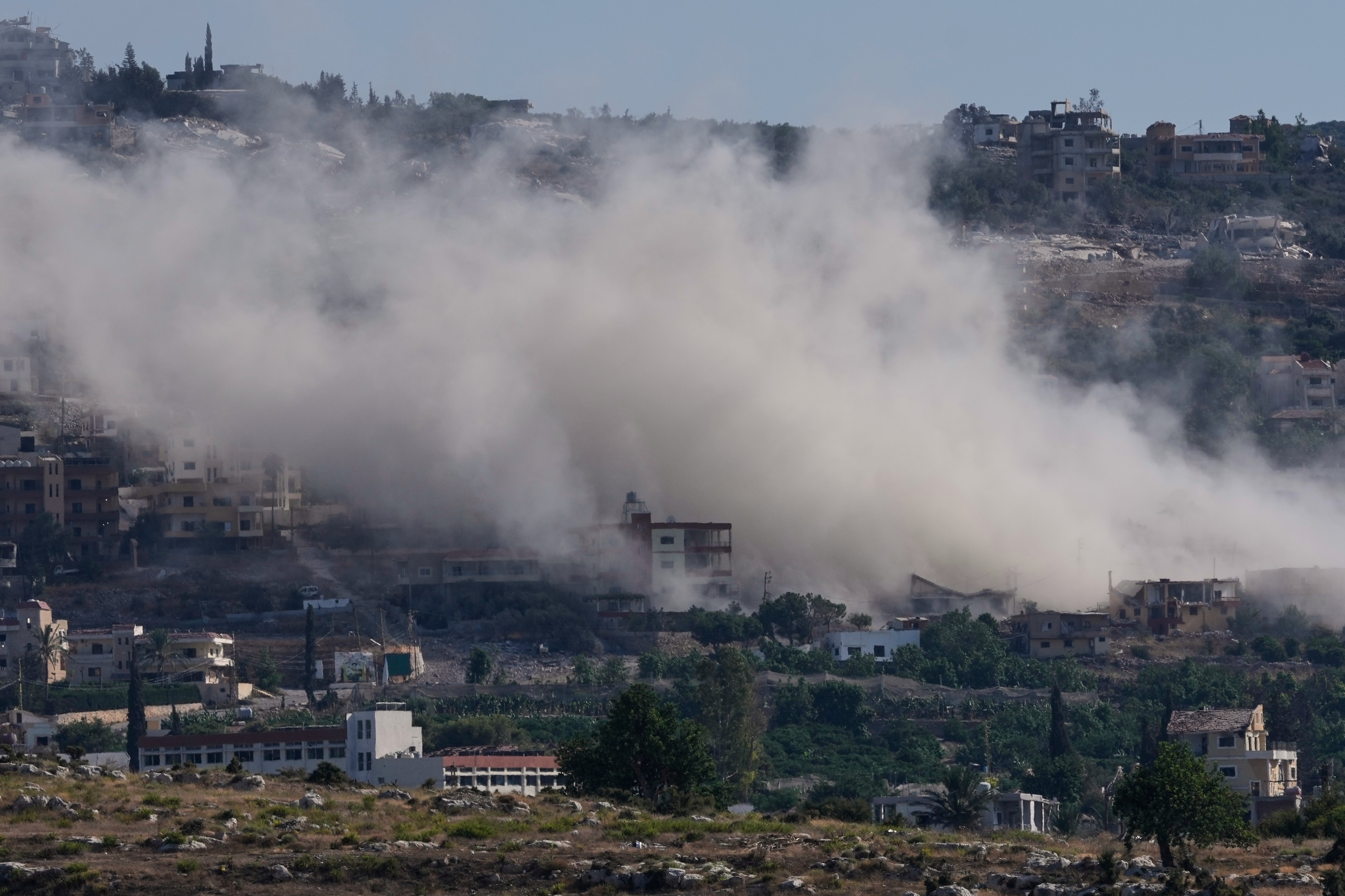 Smoke rises as Israeli forces demolish homes in Mansouri village, southern Lebanon on September 3, 2026.