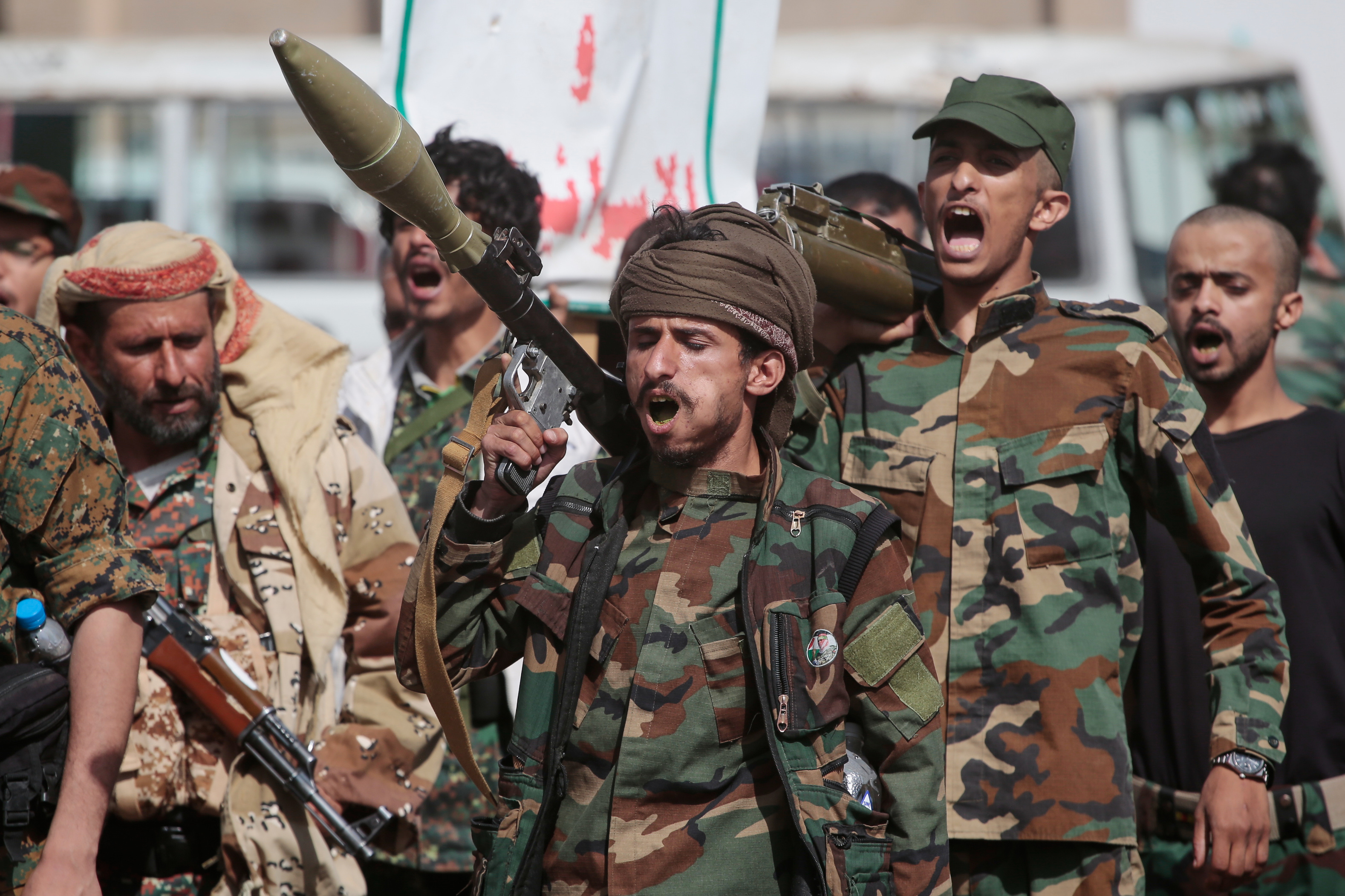 Yemen's Houthi rebels march during a mobilization campaign in Sanaa, Yemen