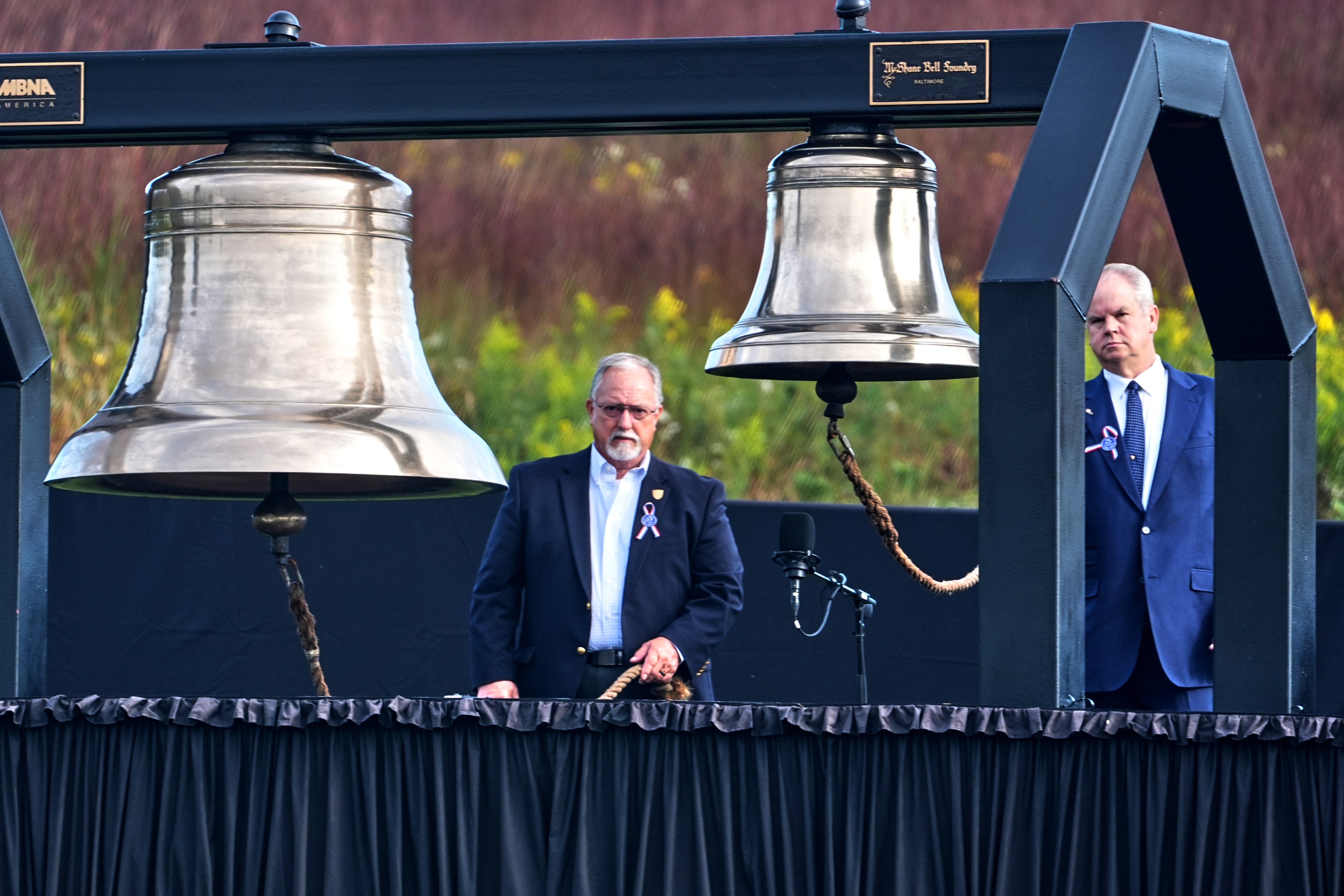 Bells are rung as part of the Name Presentation and Ringing of Bells Remembrance of crew and passengers on United Flight 93, at the Flight 93 National Memorial in Shanksville, Pa., Friday, Sept 11, 2026, as the nation marks the 25th anniversary of the Sept. 11, 2001 attacks. (AP Photo/Gene J. Puskar)