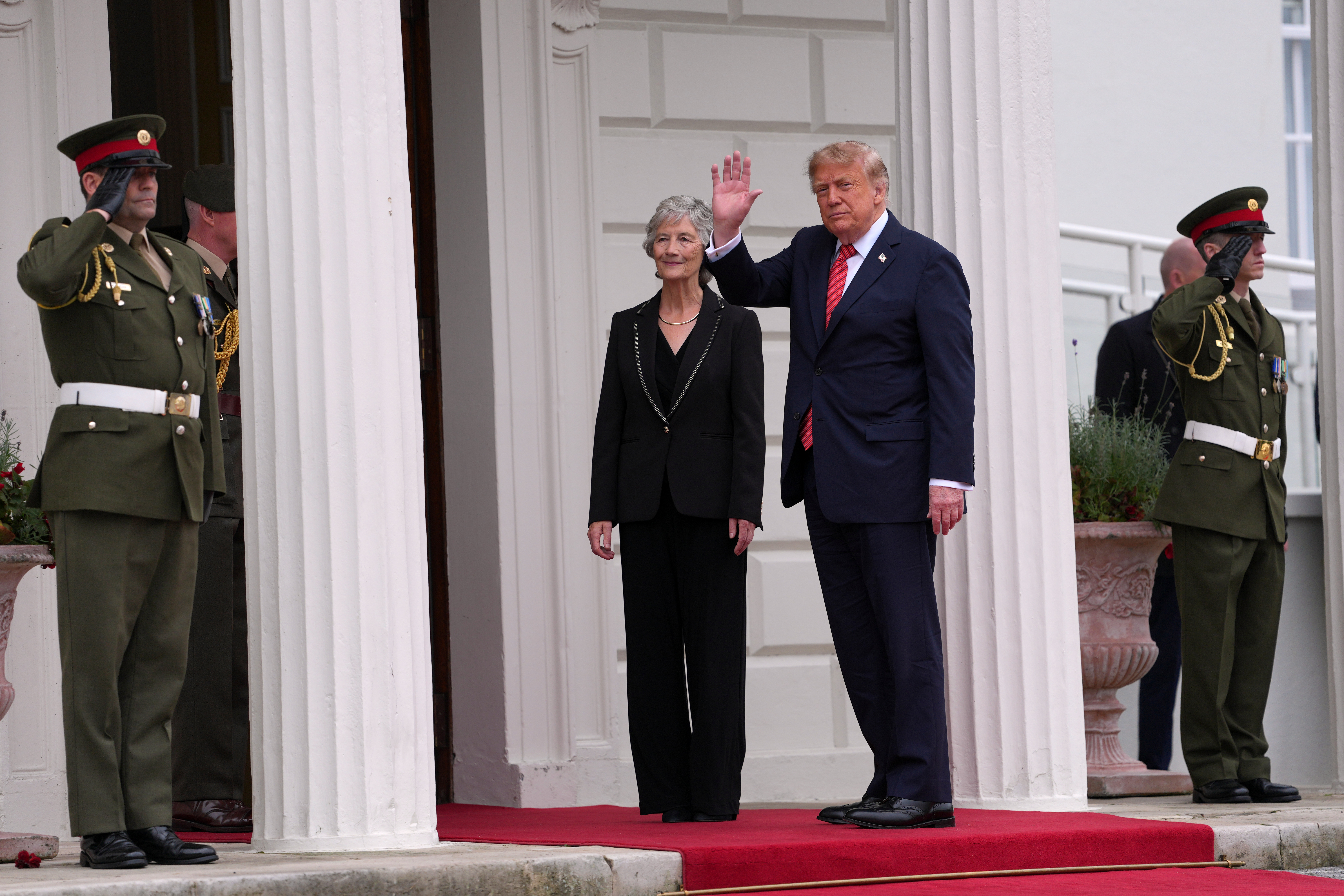 US President Donald Trump is welcomed by Ireland's President Catherine Connolly at Aras an Uachtarain (the president's official residence) in Dublin on September 12, 2026.