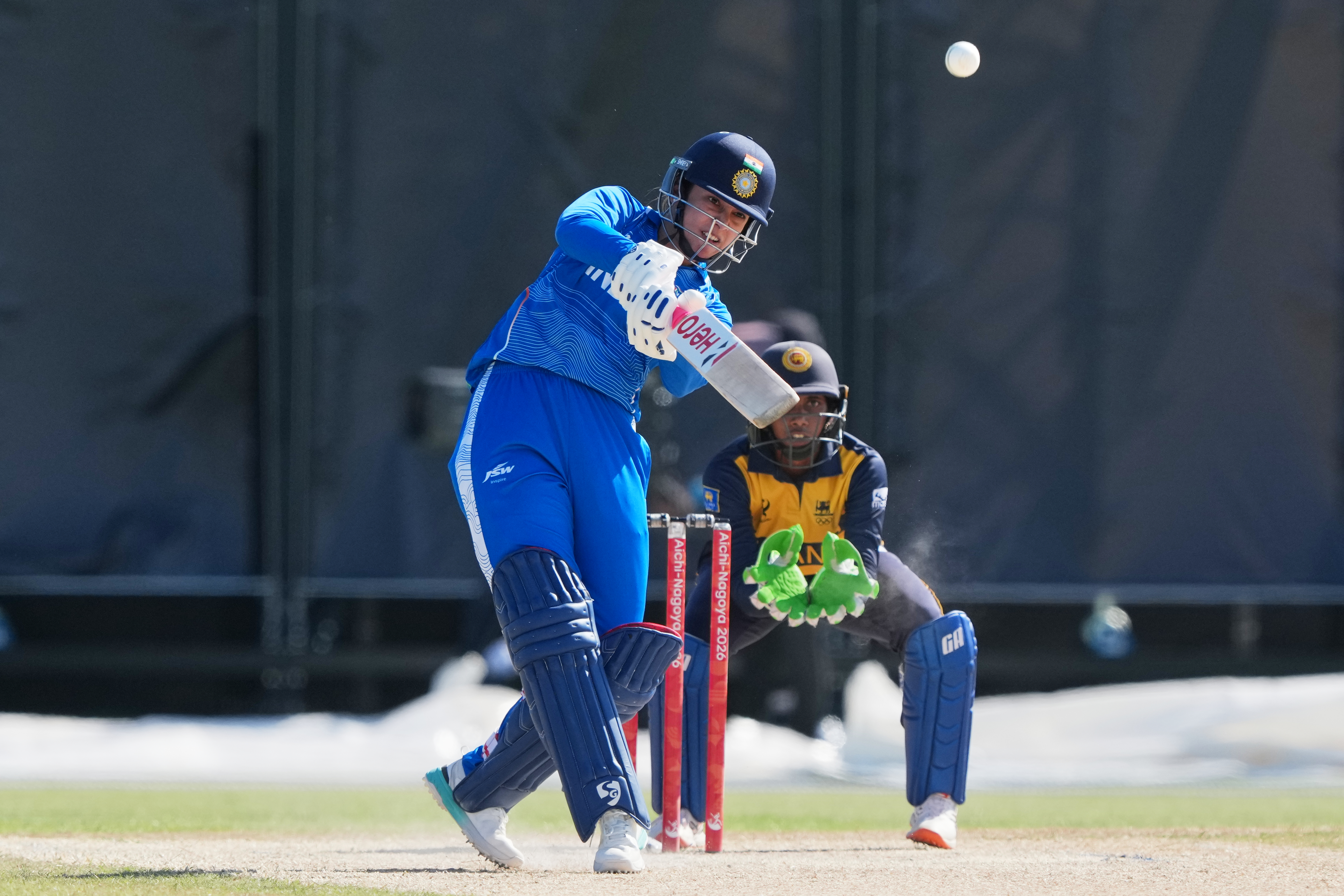 India's Smriti Shriniwas Mandhana bats during the women's gold medal T20 cricket game between India and Sri Lanka at the Asian Games in Nisshin, Japan, Tuesday, Sept. 22, 2026. (AP Photo/Mark Baker)