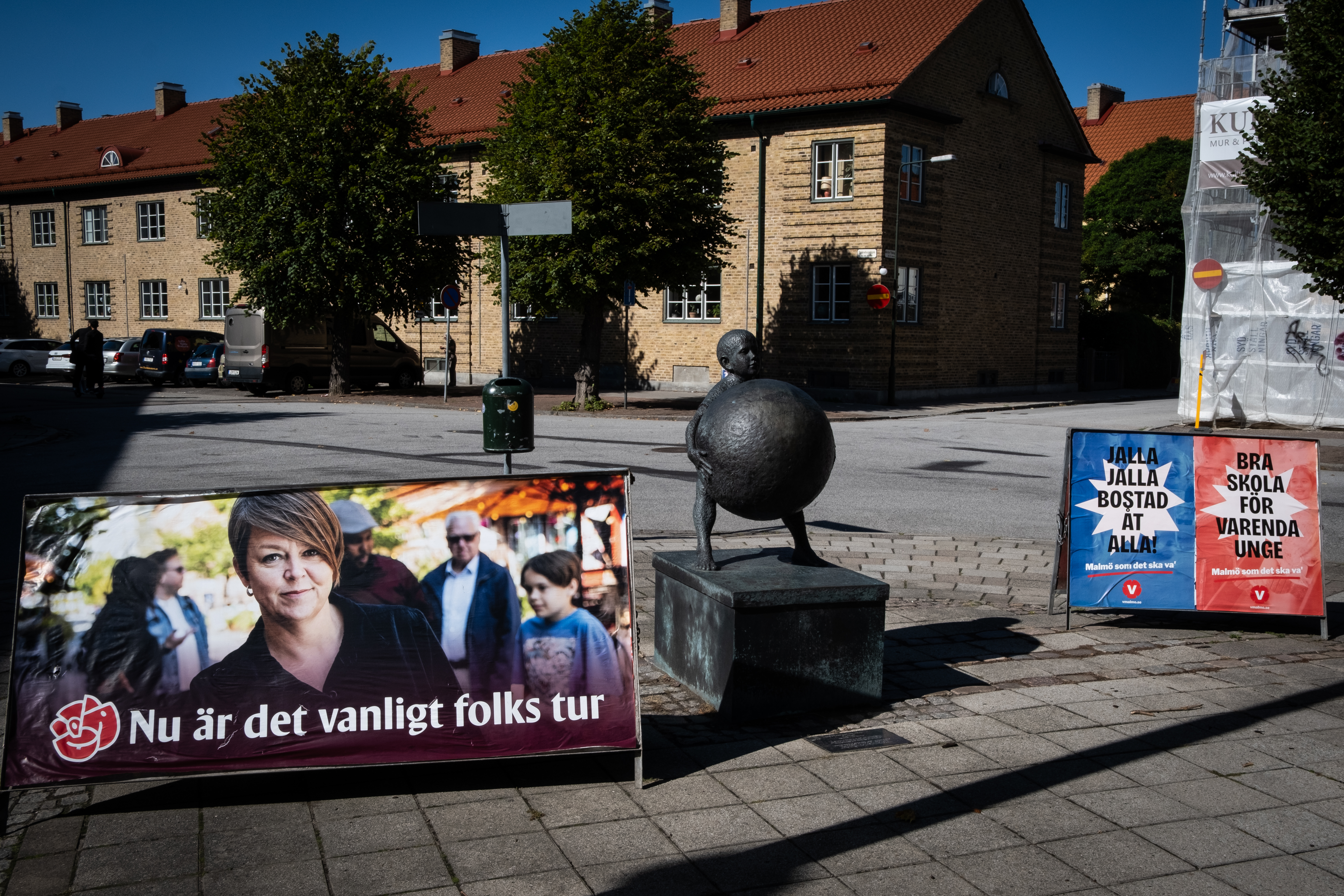 A Social Democratic Party poster (left) reads ‘Now it is the ordinary folks’ turn’ and Left Party posters read ‘Yalla, Yalla housing for all’ and ‘Good schools for every young person’, Malmo, Sweden, January 9, 2026