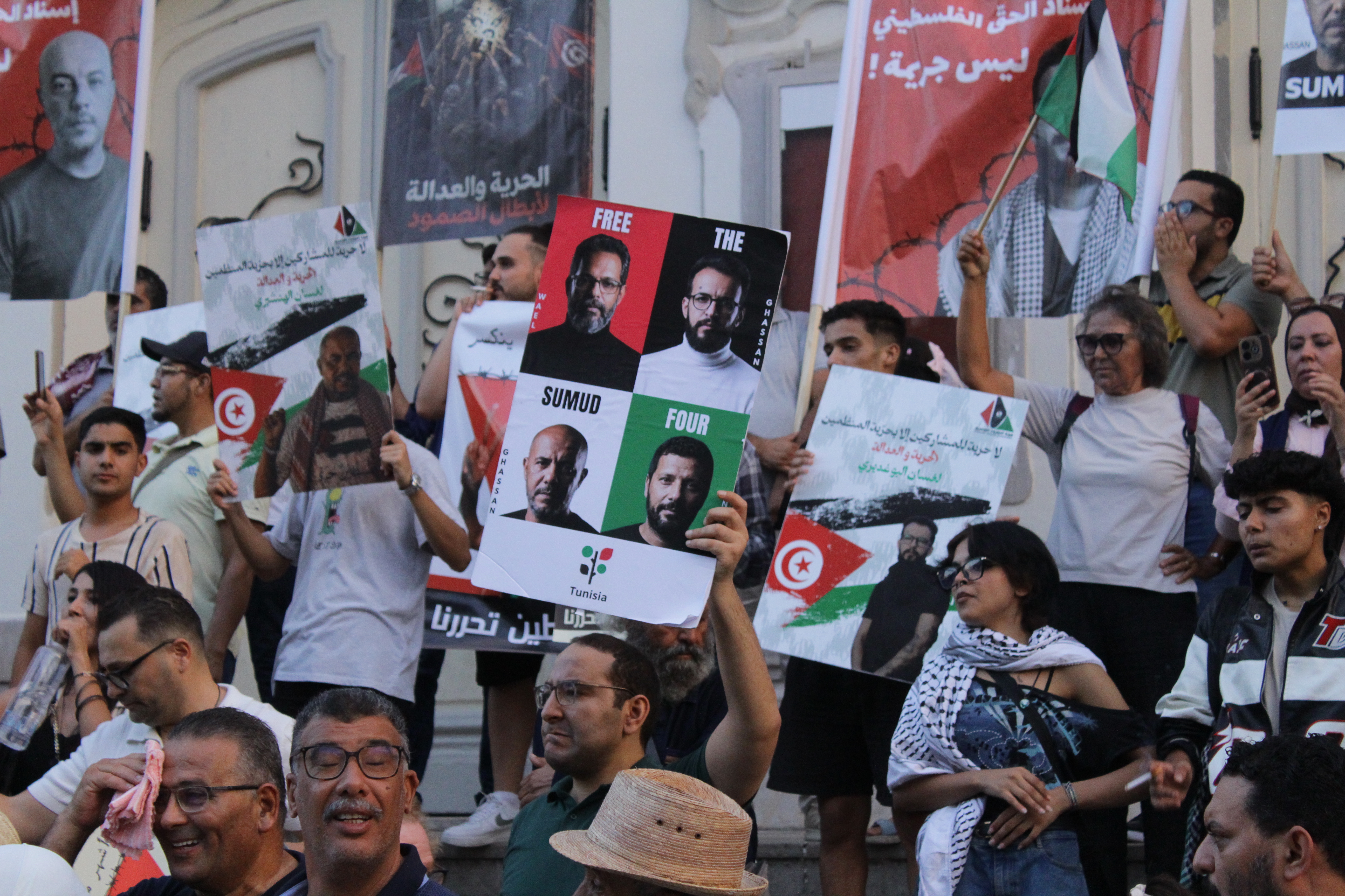 Tunisian protesters march in central Tunis calling for the release of four Global Sumud Flotilla activists detained in a financial investigation, September 19, 2026 [Ghaya Ben Mbarek/Al Jazeera]
