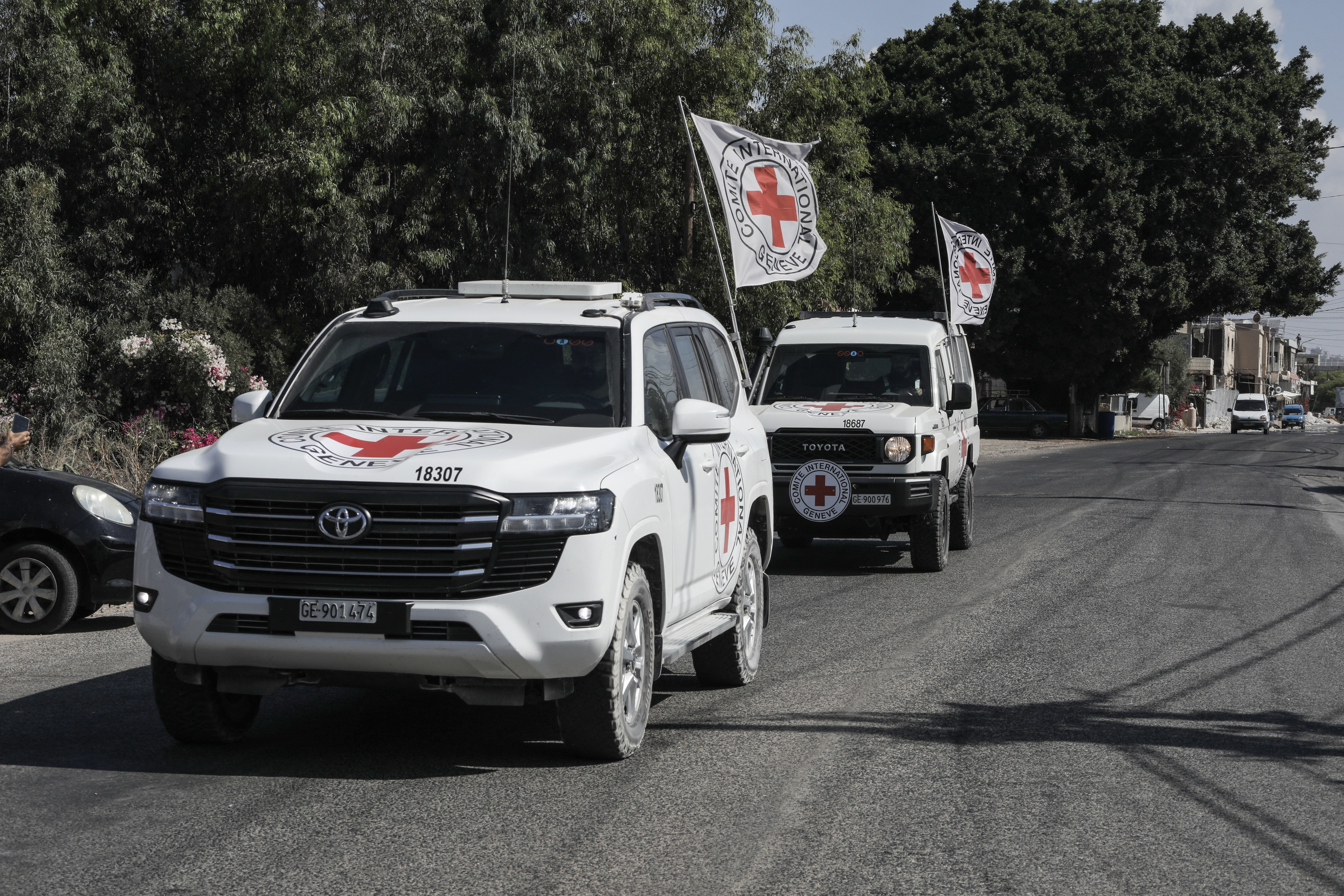 A convoy of the International Committee of the Red Cross (ICRC) drives along a road near al-Mansouri in southern Lebanon on September 4, 2026, en route to a meeting point to receive four people who had been detained by Israel.
