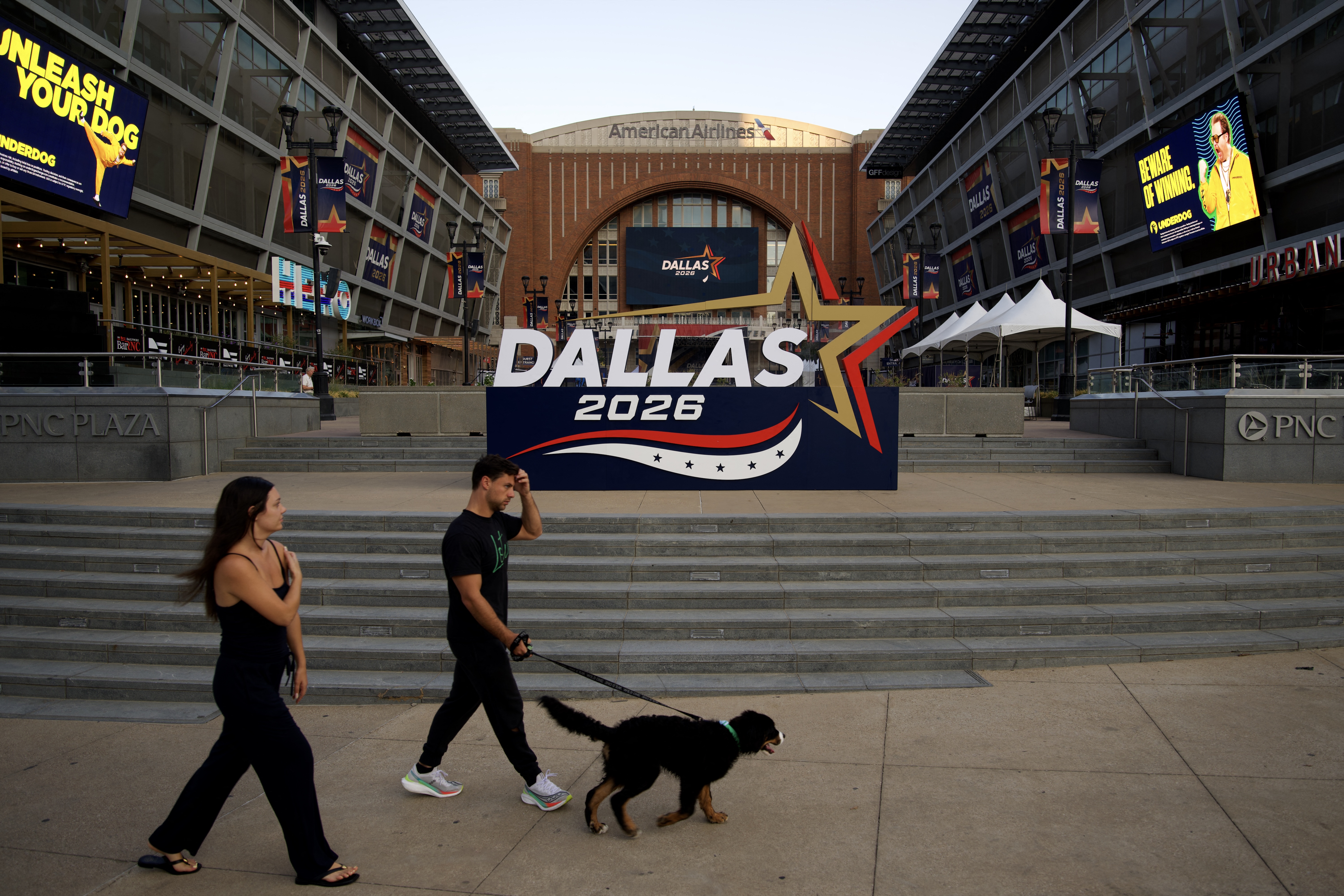 The American Airlines Center is seen as preparations continue ahead of the Republican National Committee (RNC) Midterm Convention in Dallas, Texas on September 8, 2026.