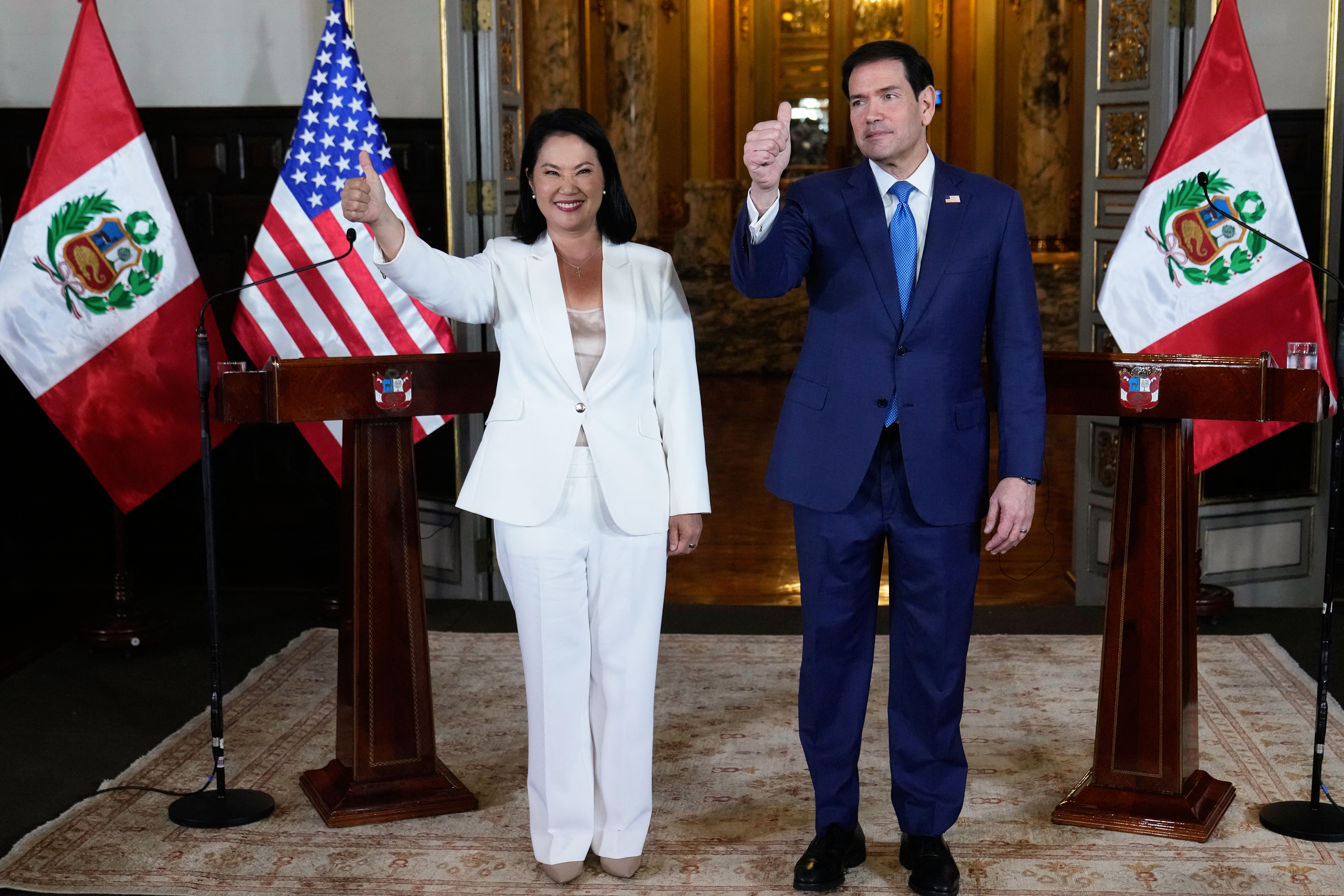 US Secretary of State Marco Rubio and Peru’s President Keiko Fujimori give a thumbs-up during a press conference at the Government Palace in Lima on September 10, 2026.