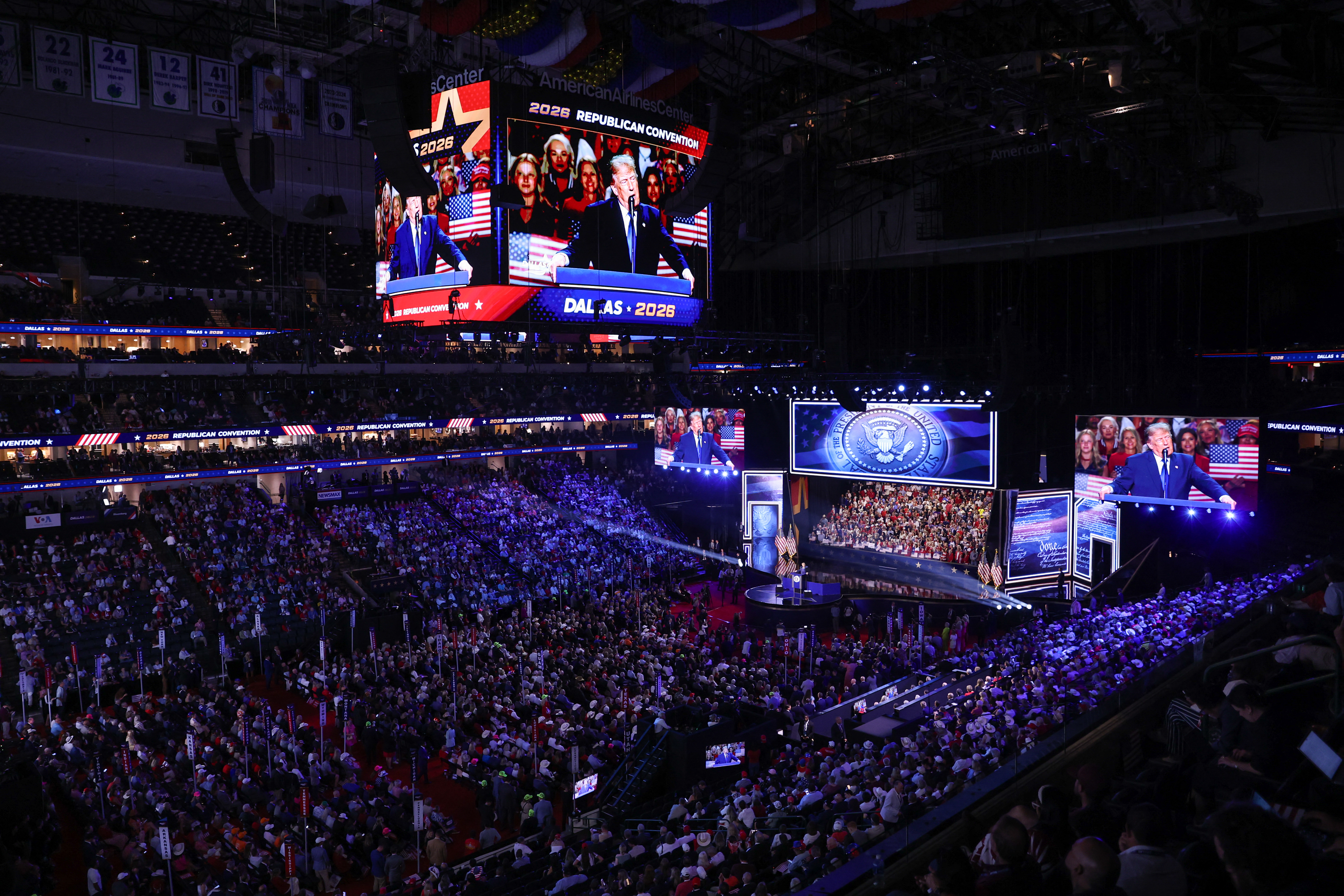 US President Donald Trump speaks during the Republican National Midterm Convention at the American Airlines Center in Dallas, Texas on September 9, 2026.