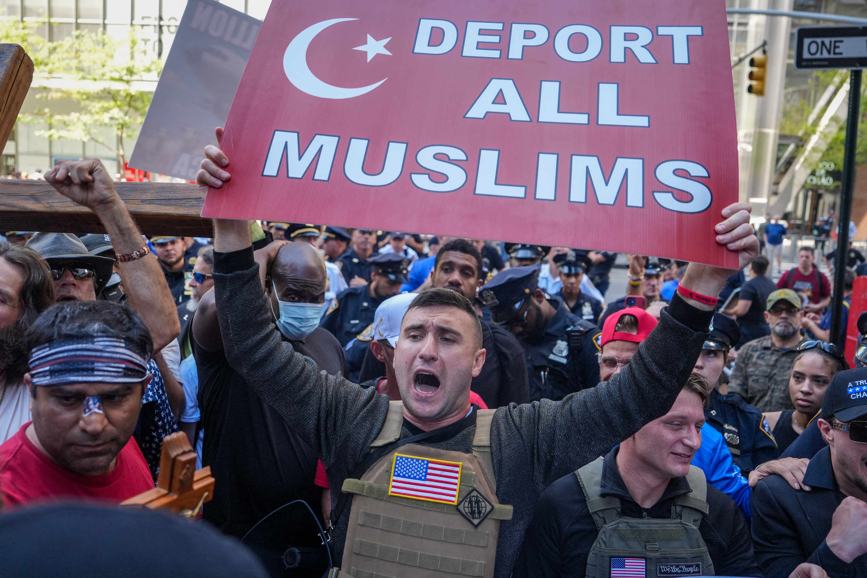 Far-right activist Jake Lang shouts during an anti-Islam rally on the 25th anniversary of the September 11, 2001 attacks in New York on September 11, 2026. (Photo by Ryan MURPHY / AFP)