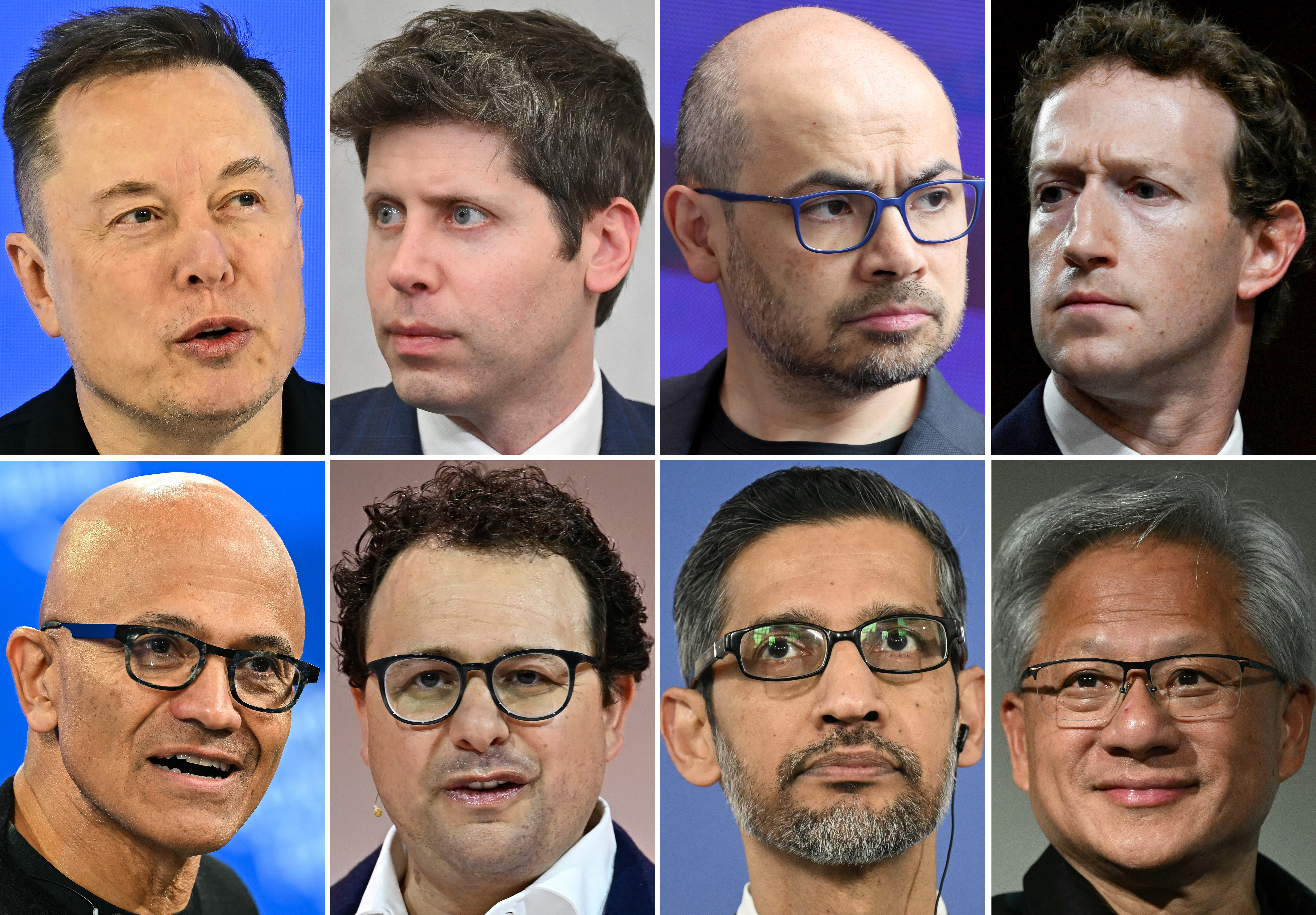 (COMBO) This combination of pictures created on September 14, 2026 shows (from top L, clockwise) Elon Musk in Davos on January 22, 2026, OpenAI CEO Sam Altman in Washington, DC, on July 22, 2025, DeepMind co-founder and chairman Demis Hassabis in London on July 9, 2025, Meta CEO Mark Zuckerberg in Washington, DC, on January 31, 2024, Microsoft CEO Satya Nadella in Davos on January 20, 2026, Anthropic CEO Dario Amodei in Paris on May 22, 2024, Google CEO Sundar Pichai in Warsaw, Poland, on February 13, 2025, and Nvidia CEO Jensen Huang in Tokyo on July 16, 2026.