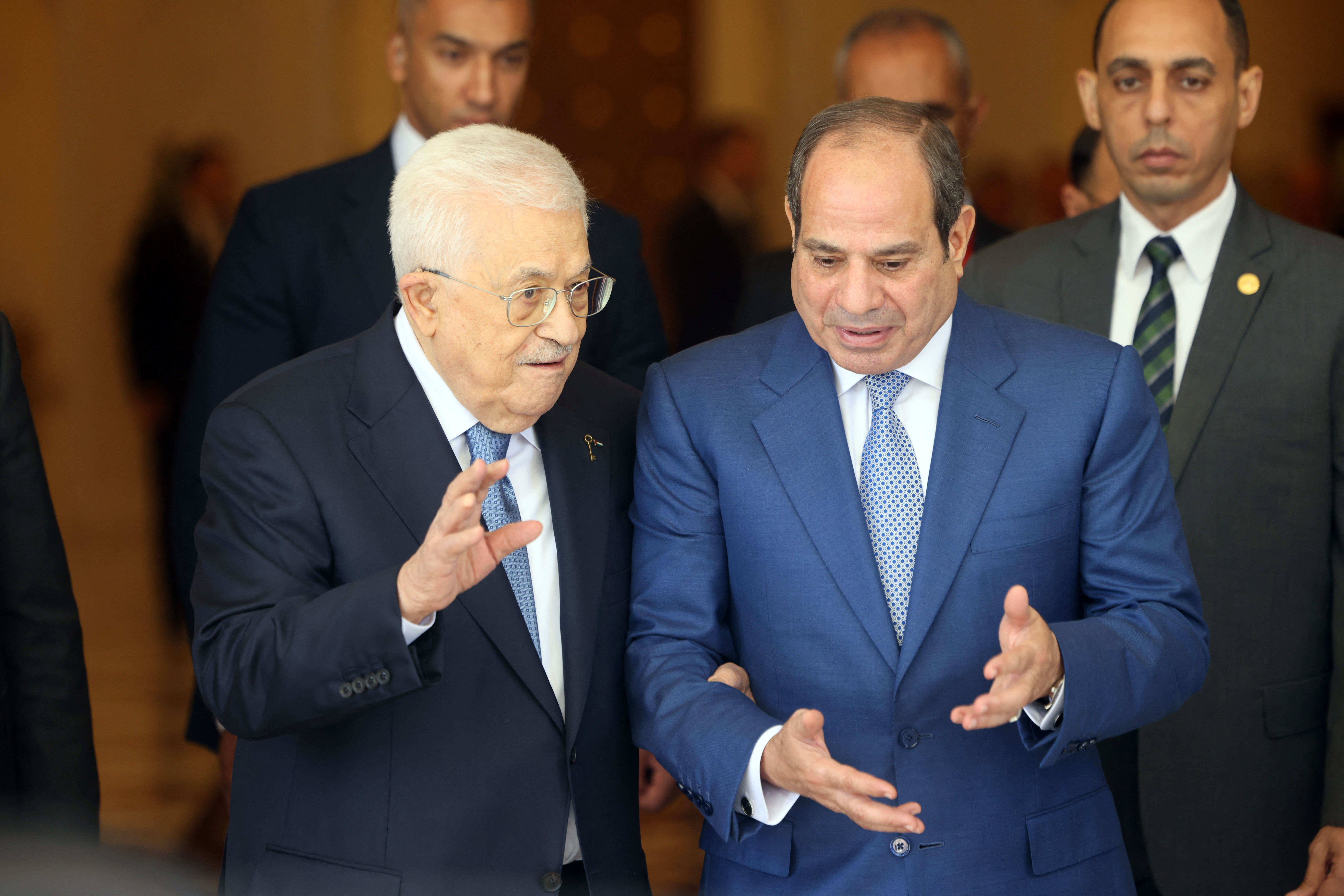 This handout photograph provided by the Palestinian Authority's press office (PPO) on September 16, 2026, shows Egypt's President Abdel Fattah al-Sisi (R) receiving Palestinian President Mahmud Abbas during a meeting in Cairo.