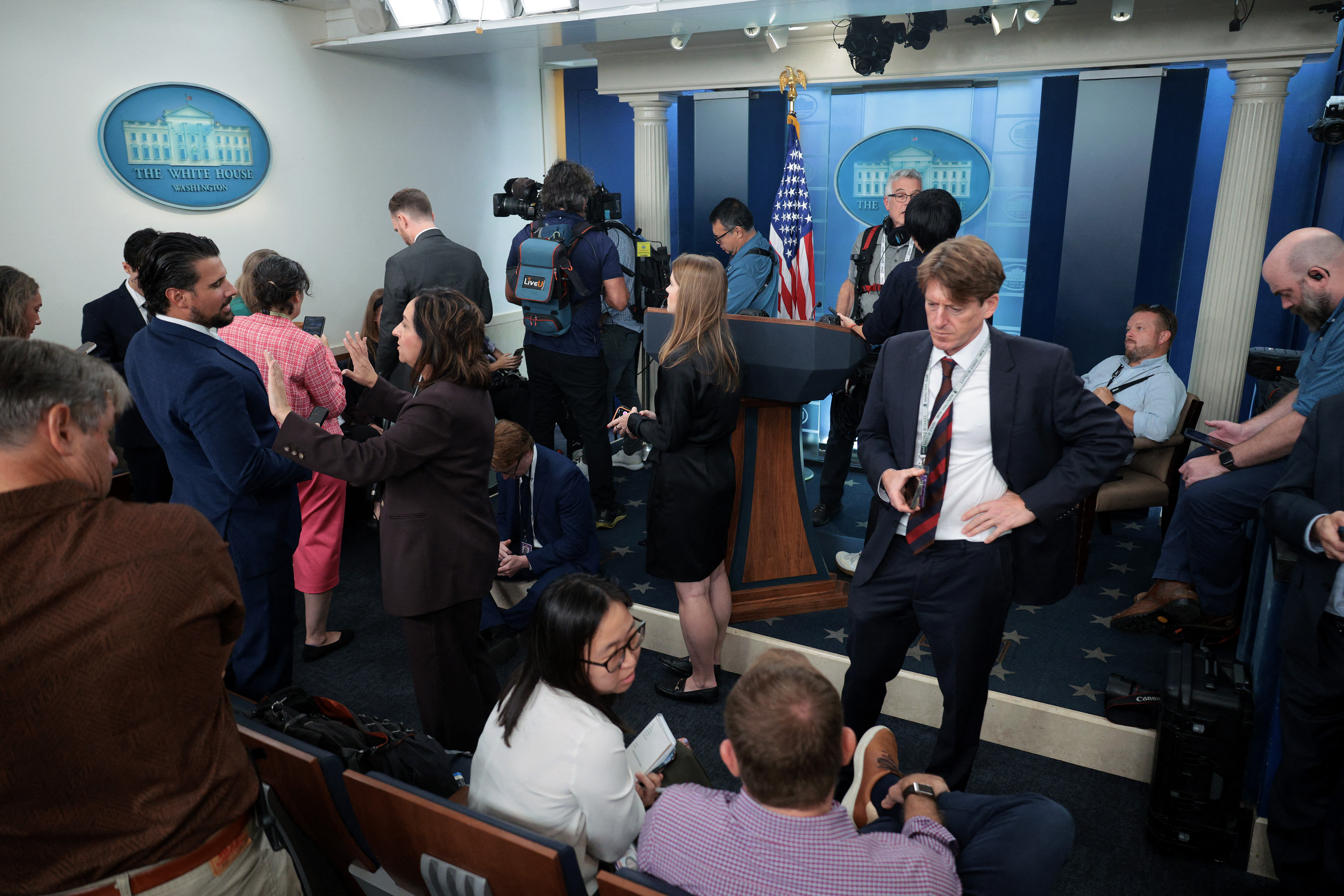 WASHINGTON, DC - SEPTEMBER 18: Journalists gather in the Brady Press Briefing Room before going into the Oval Office at the White House on September 18, 2026 in Washington, DC. U.S. President Donald Trump announced earlier that he is banning CNN, Politico and MS NOW from the White House. Chip Somodevilla/Getty Images/AFP (Photo by CHIP SOMODEVILLA / GETTY IMAGES NORTH AMERICA / Getty Images via AFP)