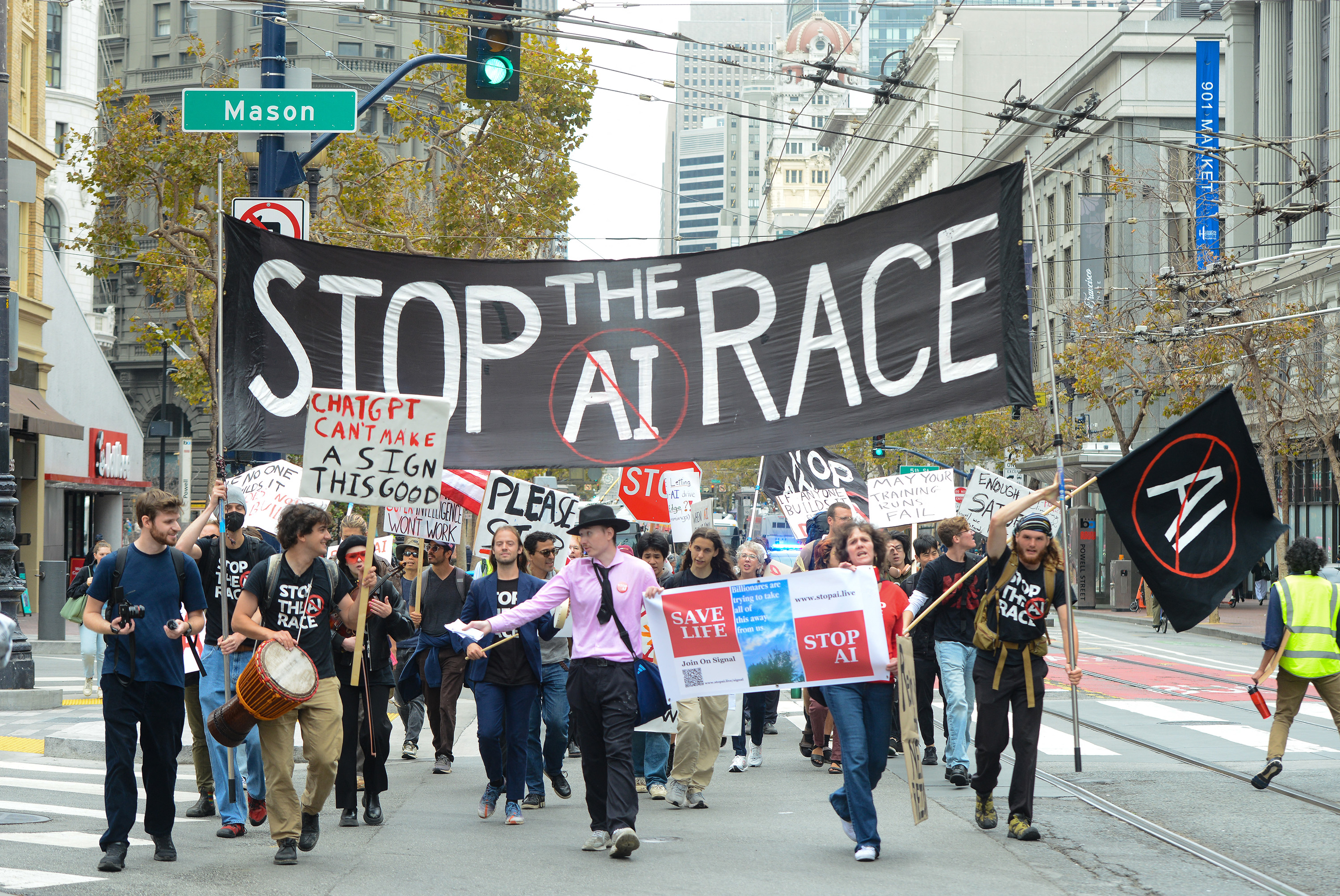 Protesters during a "Stop the AI Race" demonstration calling for a slowdown in the development of advanced artificial intelligence systems in San Francisco, California, on September 17, 2026.