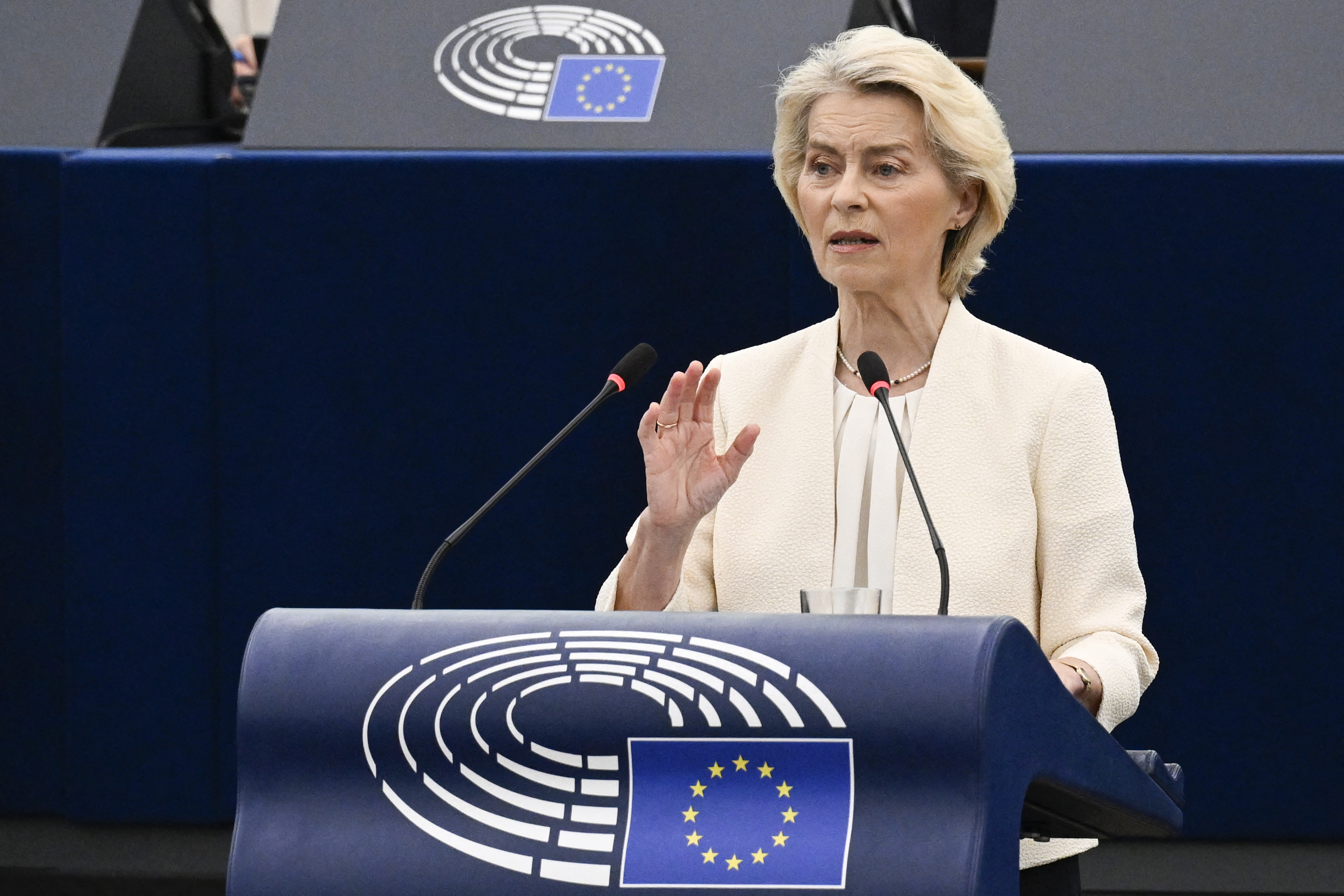 European Commission President Ursula von der Leyen delivers a speech during her annual keynote address at a plenary session of the European Parliament in Strasbourg, eastern France on September 16, 2026.