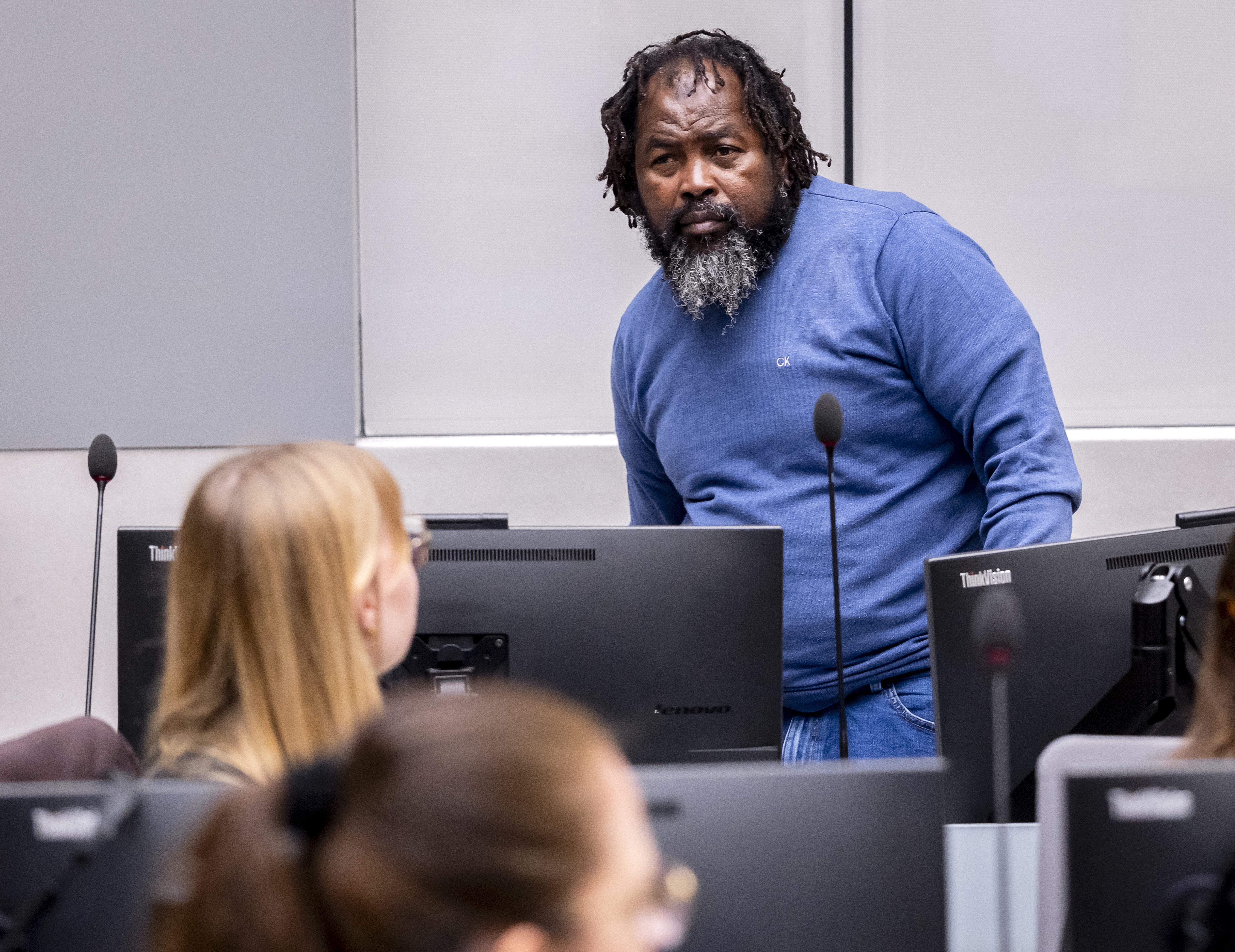 Alleged commander of the rebel coalition Seleka, notably accused of torturing detainees during civil unrest in 2013 in the Central African Republic, Mahamat Said Abdel Kani reacts at the International Criminal Court (ICC) during the verdict against him in the case in which he is accused of crimes against humanity and war crimes allegedly committed in Bangui in 2013, in the Hague on September 23, 2026. (Photo by Remko de Waal / ANP / AFP) / NETHERLANDS OUT