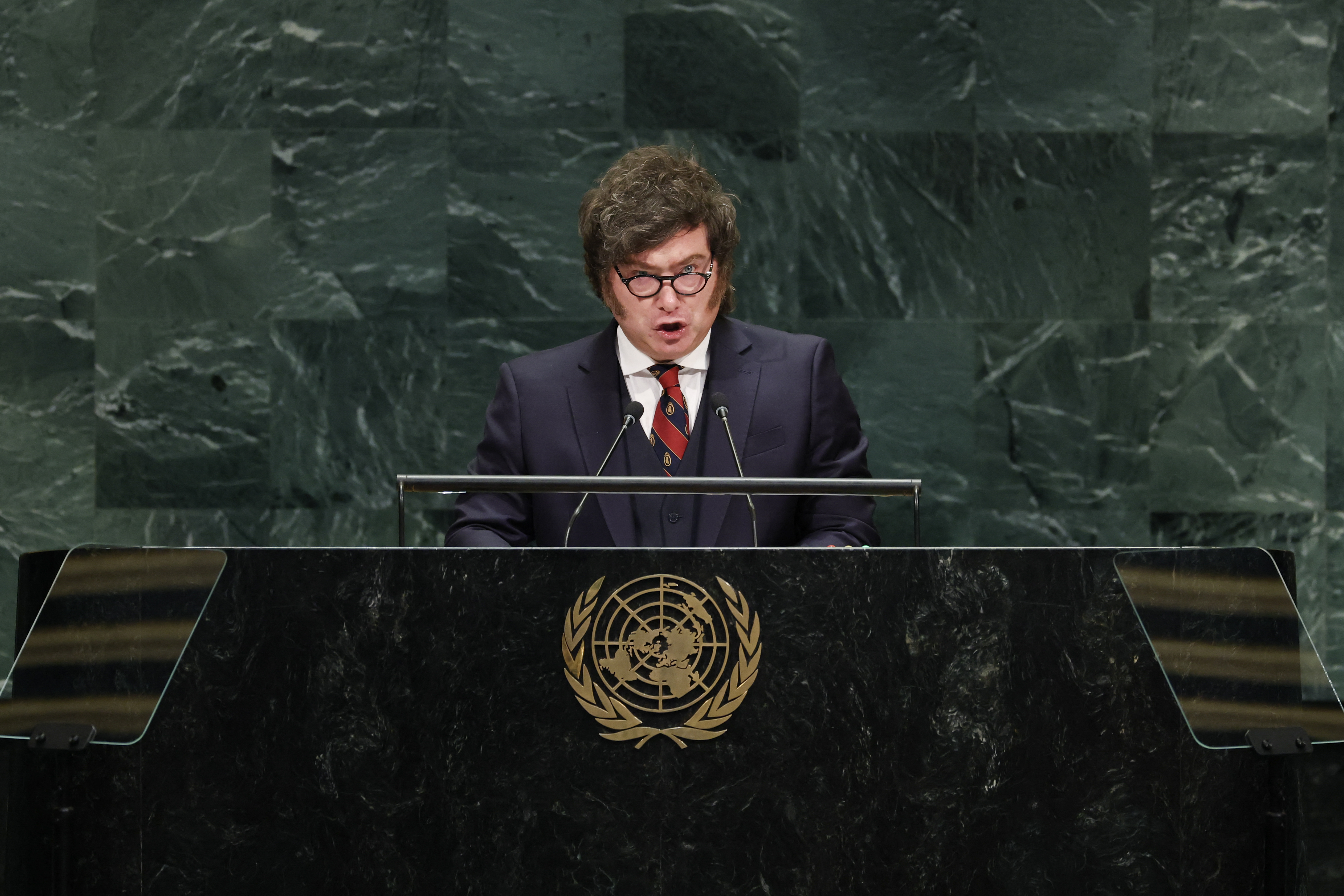 Argentina's President Javier Milei speaks during the 81st United Nations General Assembly at the United Nations Headquarters in New York, on September 23, 2026. (Photo by TIMOTHY A. CLARY / AFP)
