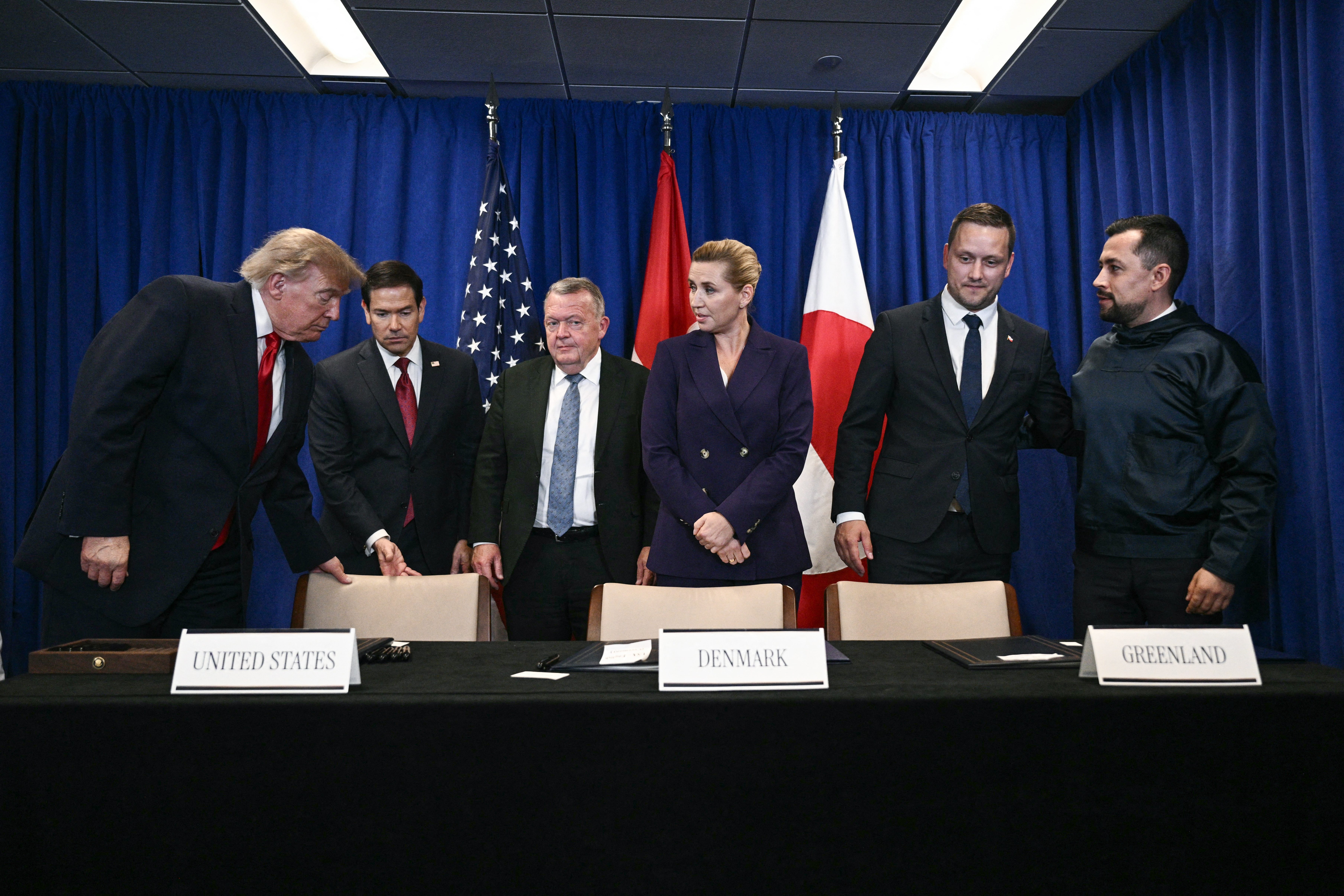 (L/R) US President Donald Trump, US Secretary of State Marco Rubio, Denmark's Foreign Minister Lars Lokke Rasmussen, Denmark's Prime Minister Mette Frederiksen, Greenland's Prime Minister Jens-Frederik Nielsen and Greenland's Deputy Prime Minister Múte B. Egede stand together after signing a trilateral security deal on the sidelines of the 81st United Nations General Assembly in New York, on September 22, 2026. (Photo by Brendan SMIALOWSKI / AFP)