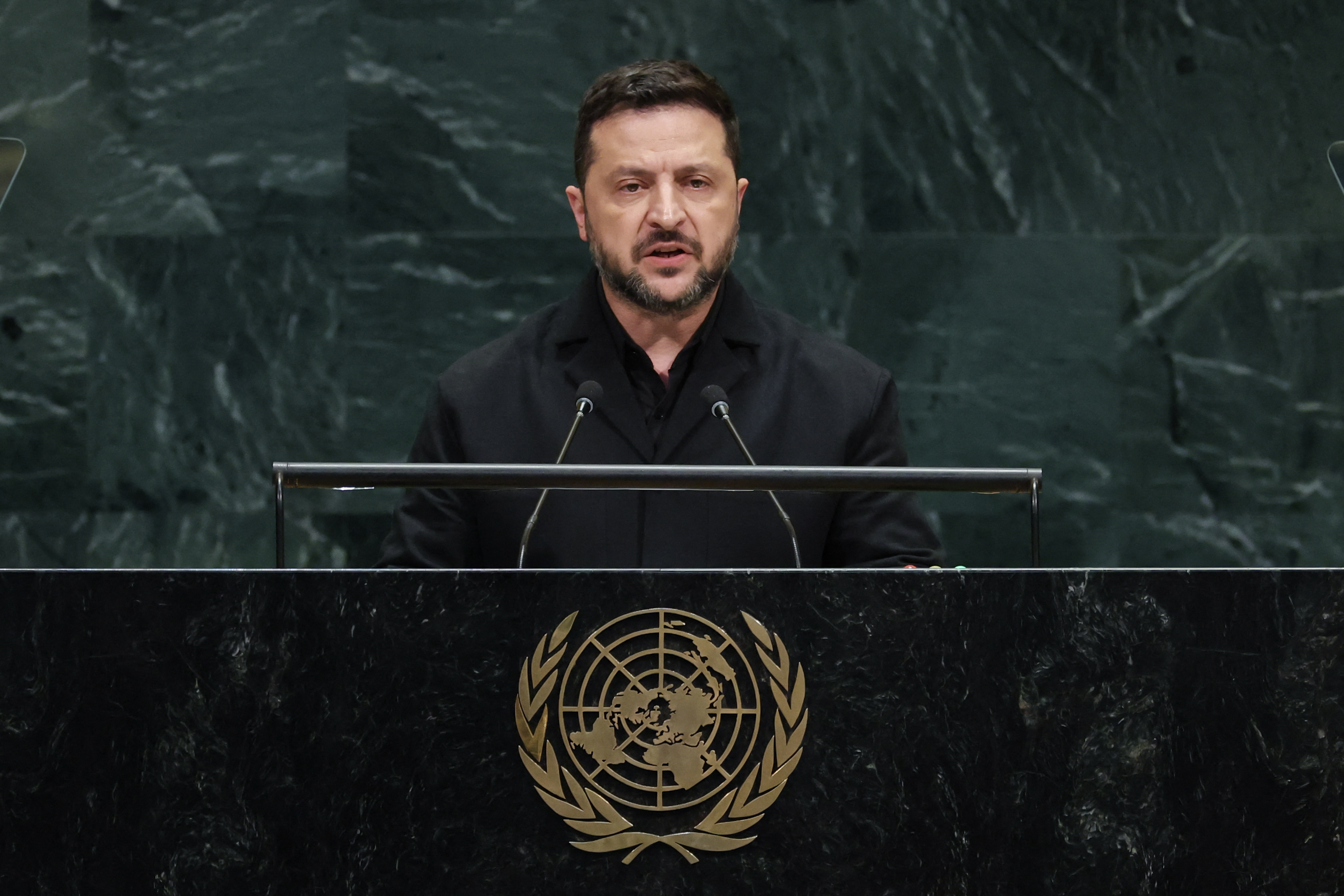 Ukraine's President Volodymyr Zelensky speaks during the 81st United Nations General Assembly at the United Nations Headquarters in New York, on September 23, 2026. (Photo by TIMOTHY A. CLARY / AFP)