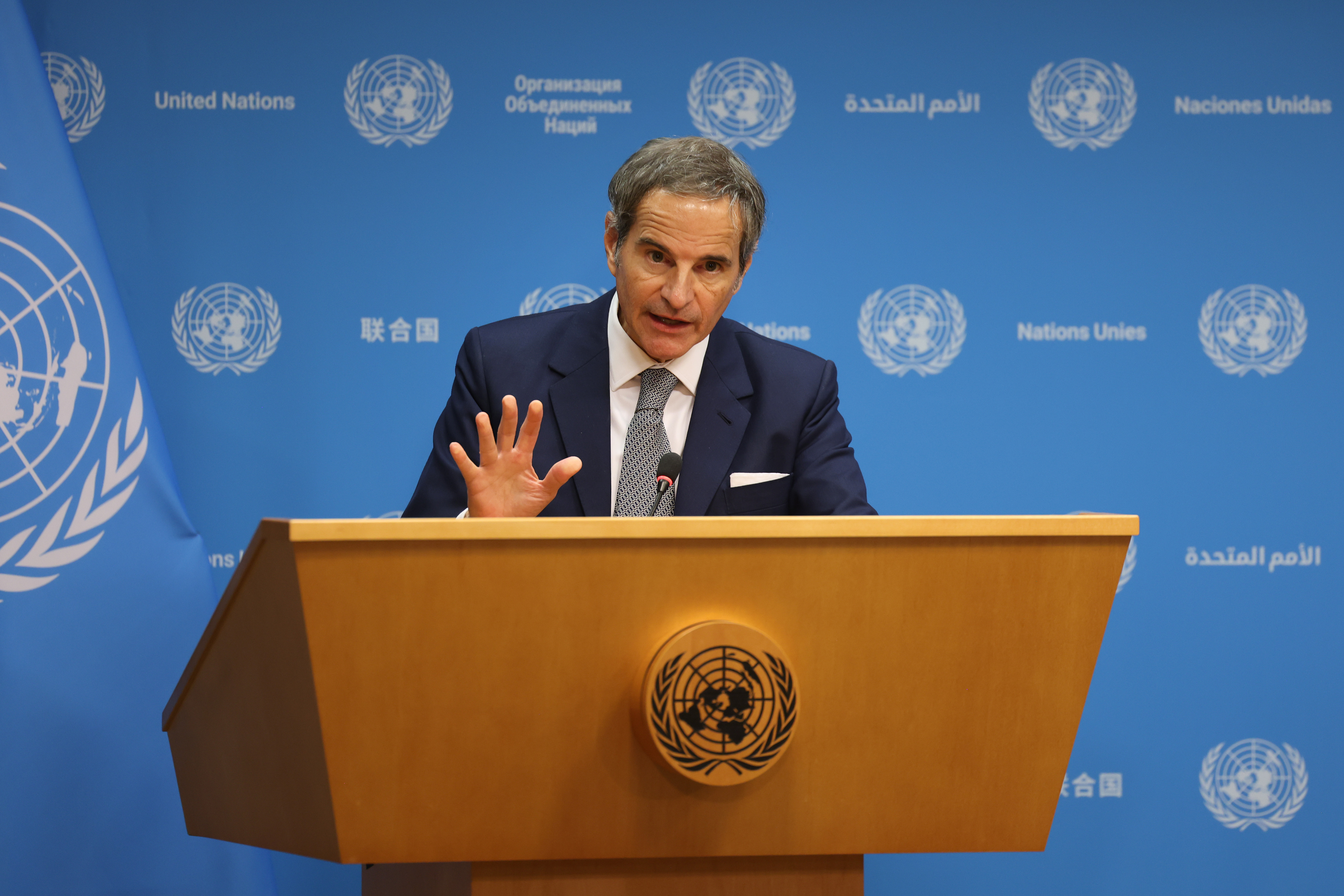 International Atomic Energy Agency Director General Rafael Grossi speaks during a news conference at United Nations headquarters, Wednesday, April 29, 2026. (AP Photo/Jason DeCrow)