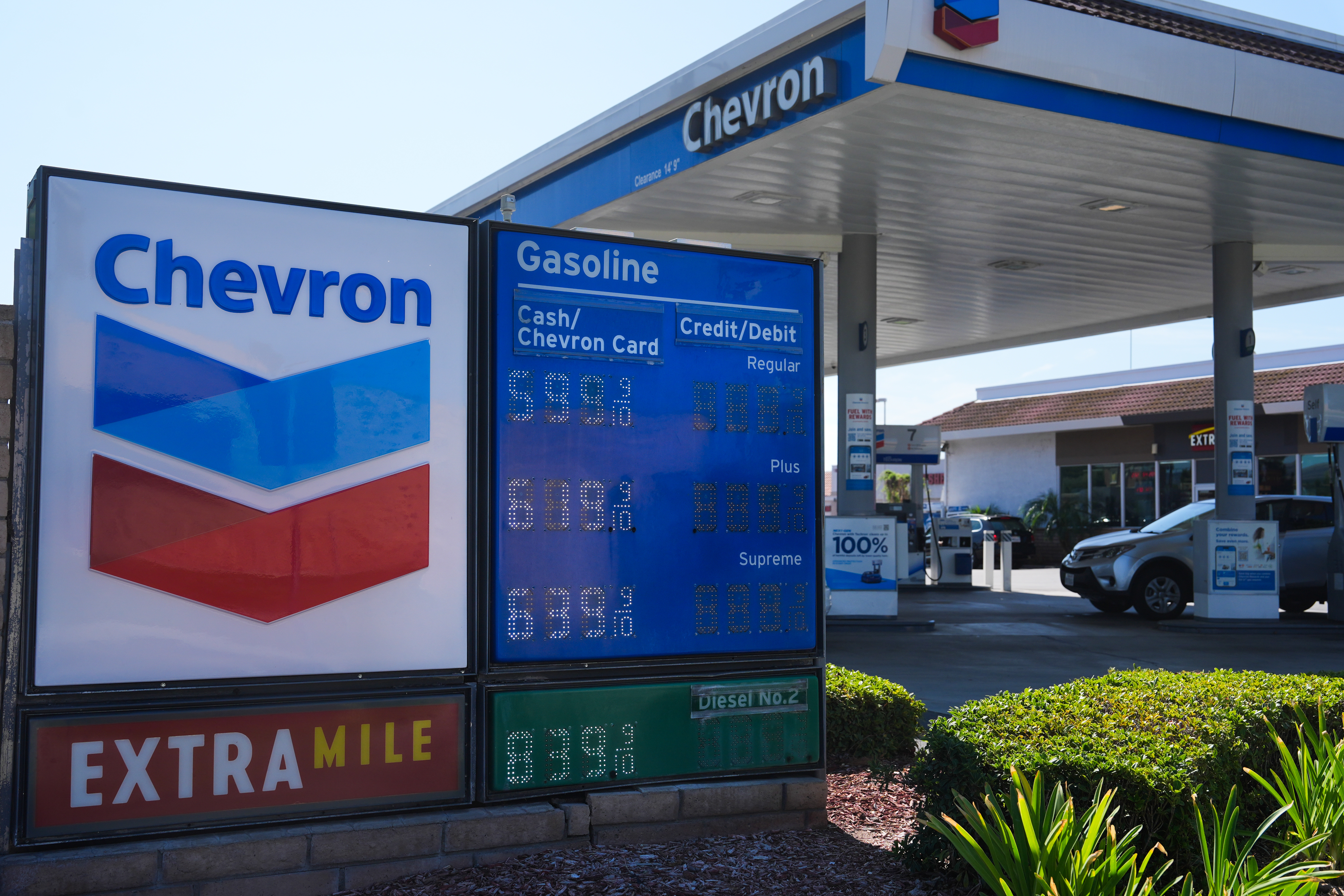 Diesel and gas prices are displayed at a Chevron gas station in Brea, Calif., Thursday, Sept. 10, 2026. (AP Photo/Jae C. Hong)