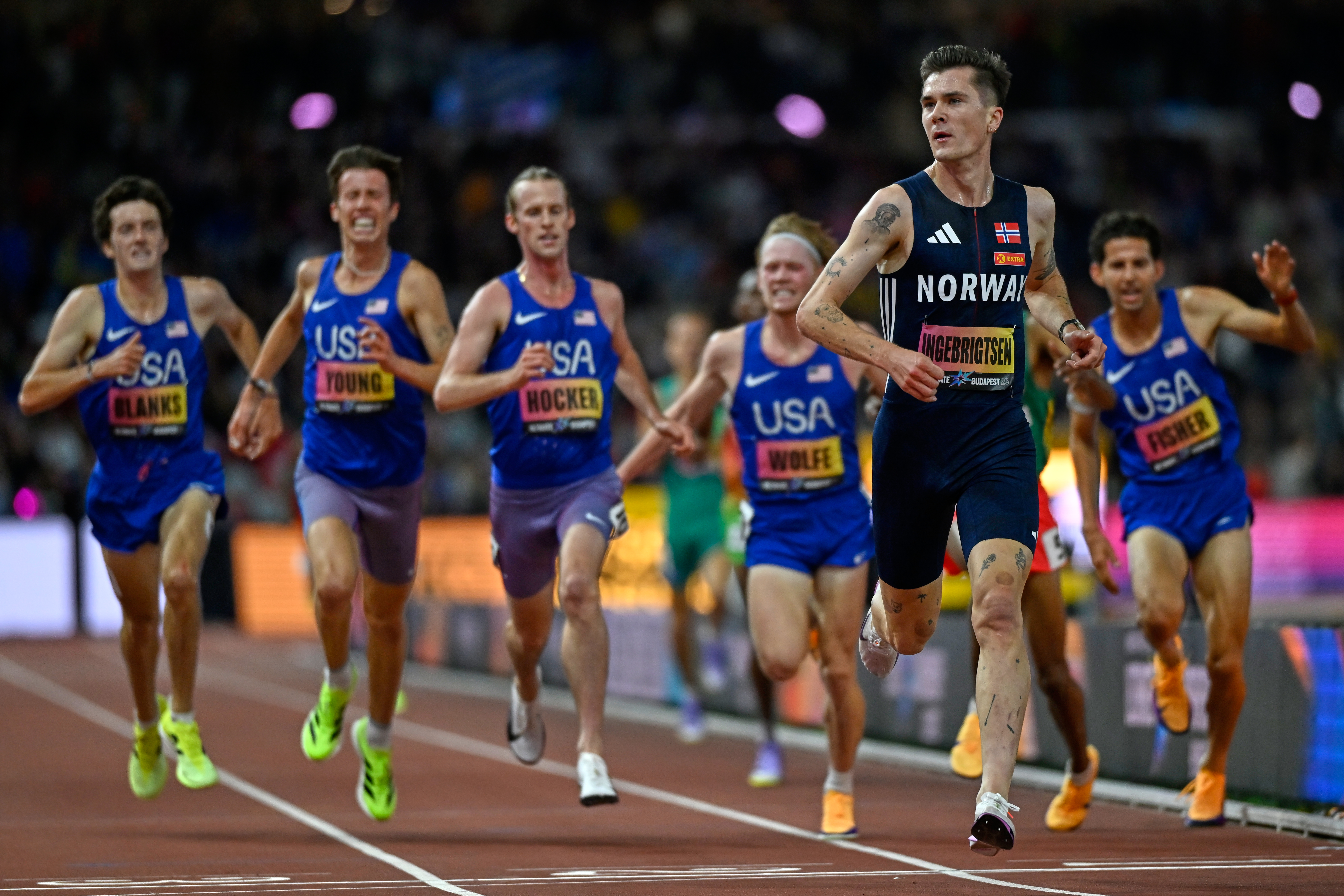Jakob Ingebrigtsen, of Norway crosses the line to win the men's 5,000 meters final during the World Athletics Ultimate Championship in Budapest, Hungary, Friday, Sept. 11, 2026. (AP Photo/Denes Erdos)