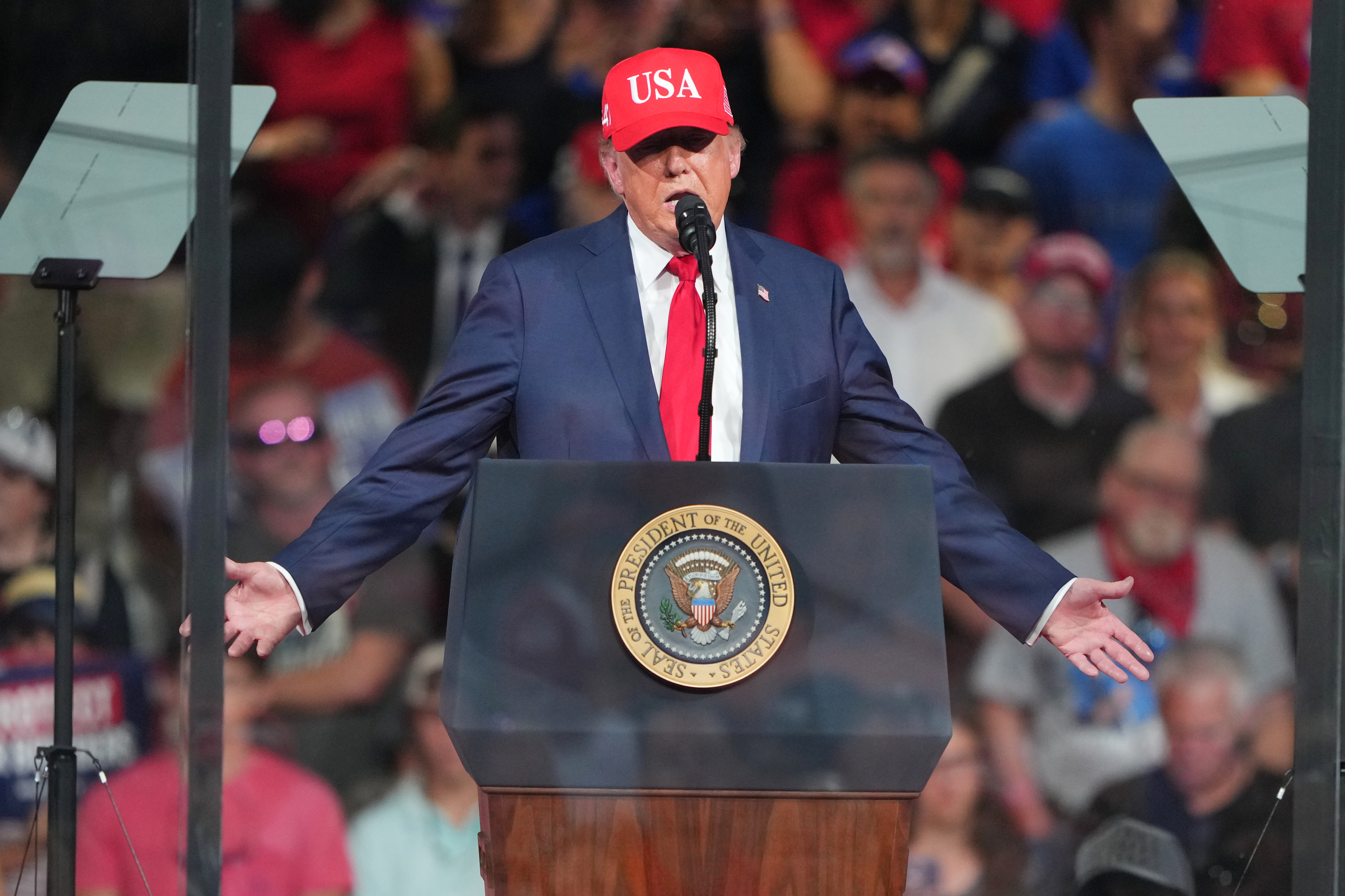 President Donald Trump speaks during a campaign rally at the Gastonia Municipal Airport, Wednesday, Sept. 16, 2026, in Gastonia, N.C. (AP Photo/Matt Kelley)