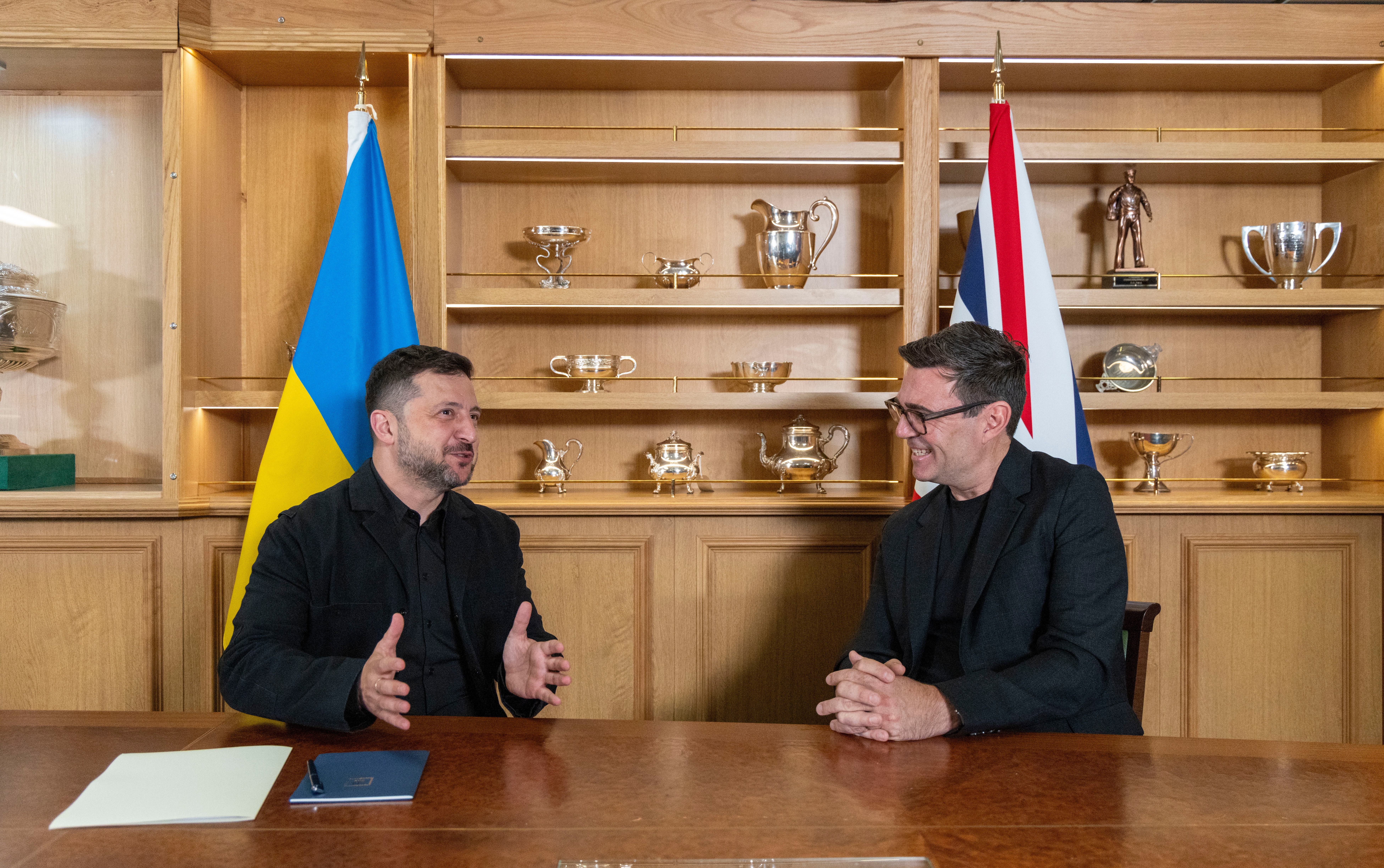 Britain's Prime Minister Andy Burnham, right, and Ukraine's President Volodymyr Zelenskyy visit HM Naval Base in Portsmouth, England, Monday July 27, 2026. (Simon Jones/Pool Photo via AP)