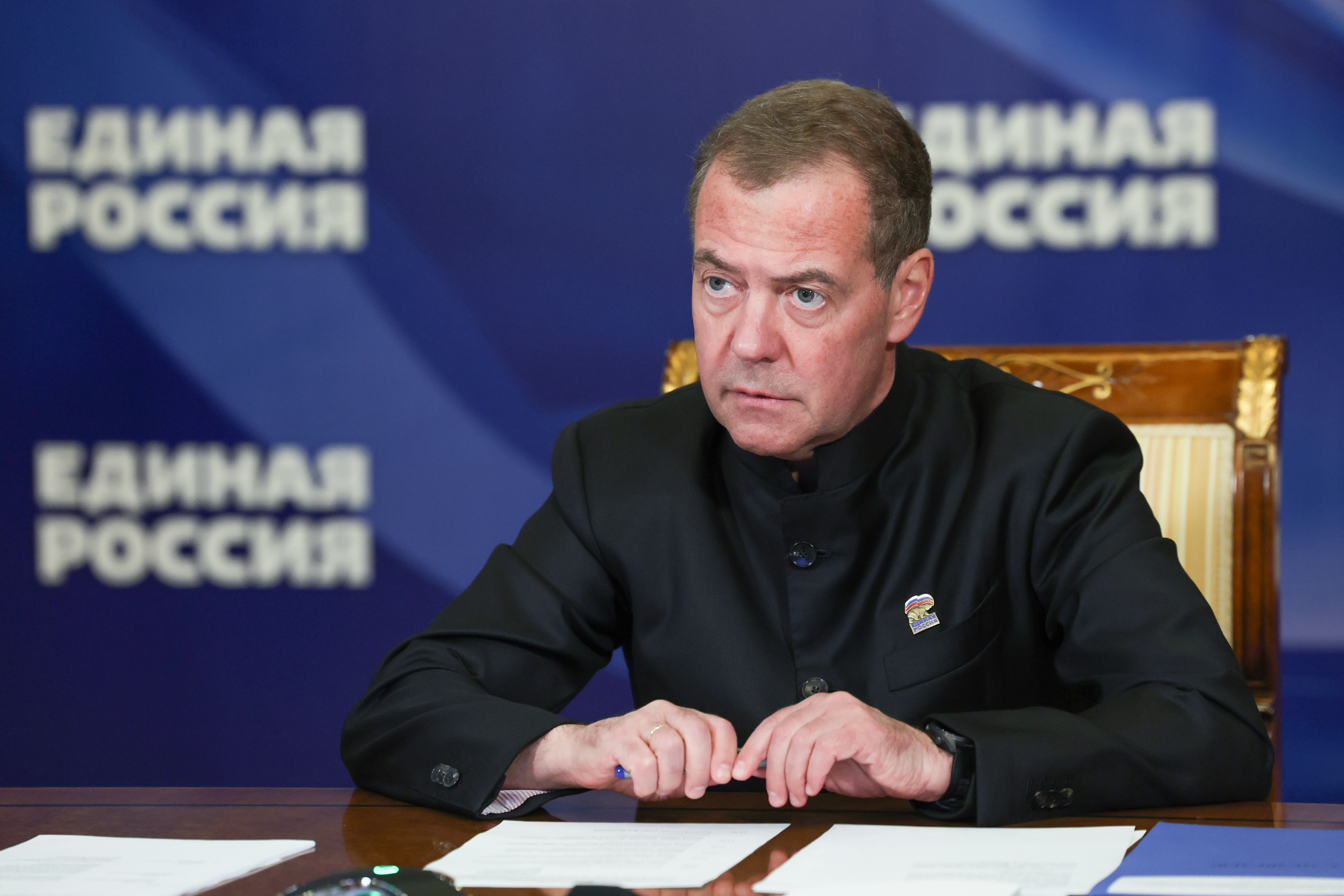 epa13243927 Deputy Chairman of the Russian Security Council and leader of the United Russia political party Dmitry Medvedev holds a meeting with secretaries of the party's regional branches via videoconference at the Gorki state residence outside Moscow, Russia, 16 September 2026. Russia will elect the new State Duma, the lower house of parliament, during unified voting day, on September 18-20. EPA/EKATERINA SHTUKINA / SPUTNIK / GOVERNMENT PRESS SERVICE / POOL MANDATORY CREDIT