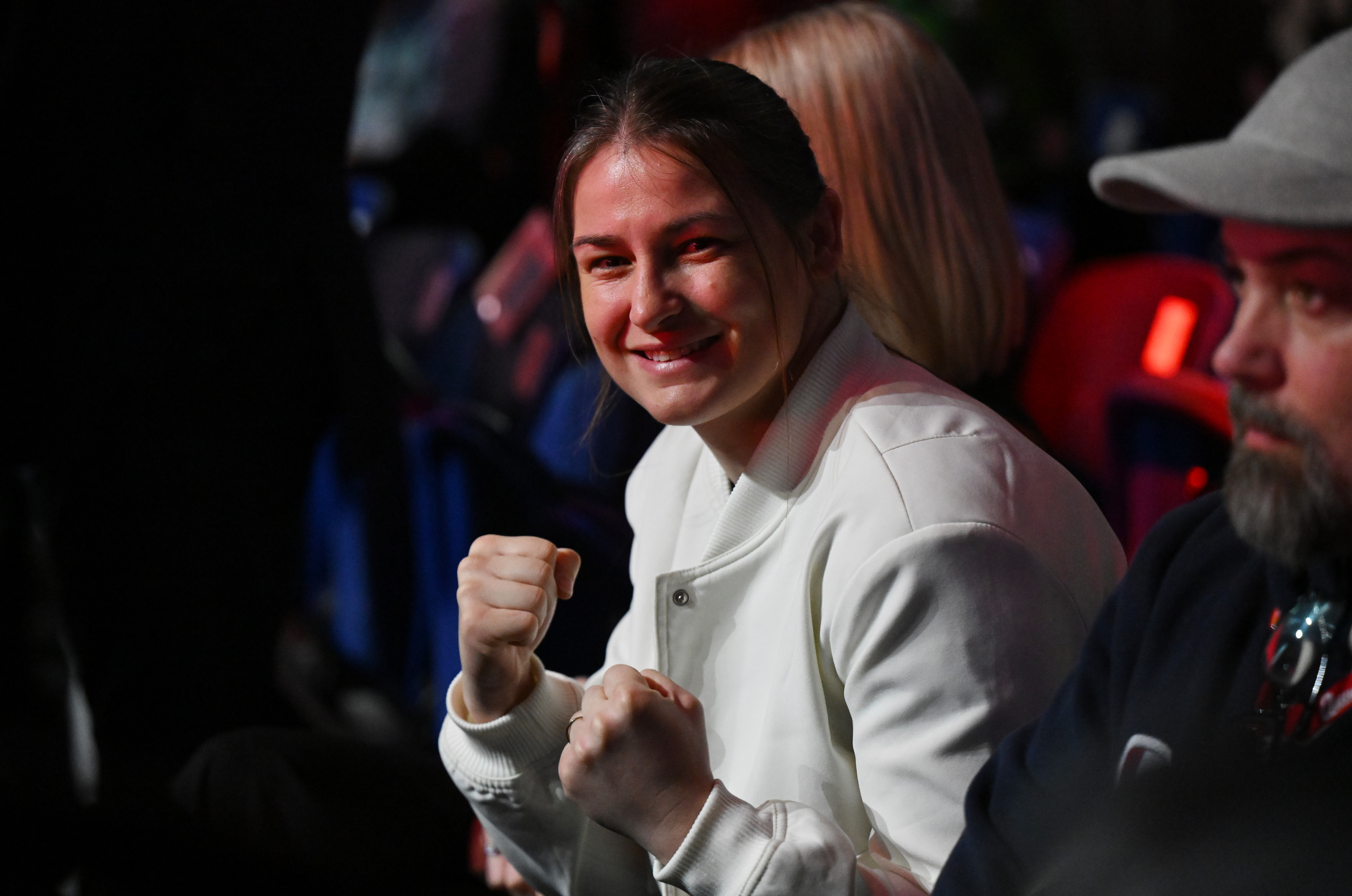 DUBLIN, IRELAND - MARCH 14: Katie Taylor looks on from ringside during the Heavyweight fight between Adam Olaniyan and Jan Bezouska as part of St Patrick's Day card by Queensberry boxing at the 3 Arena on March 14, 2026 in Dublin, Ireland. (Photo by Charles McQuillan/Getty Images)