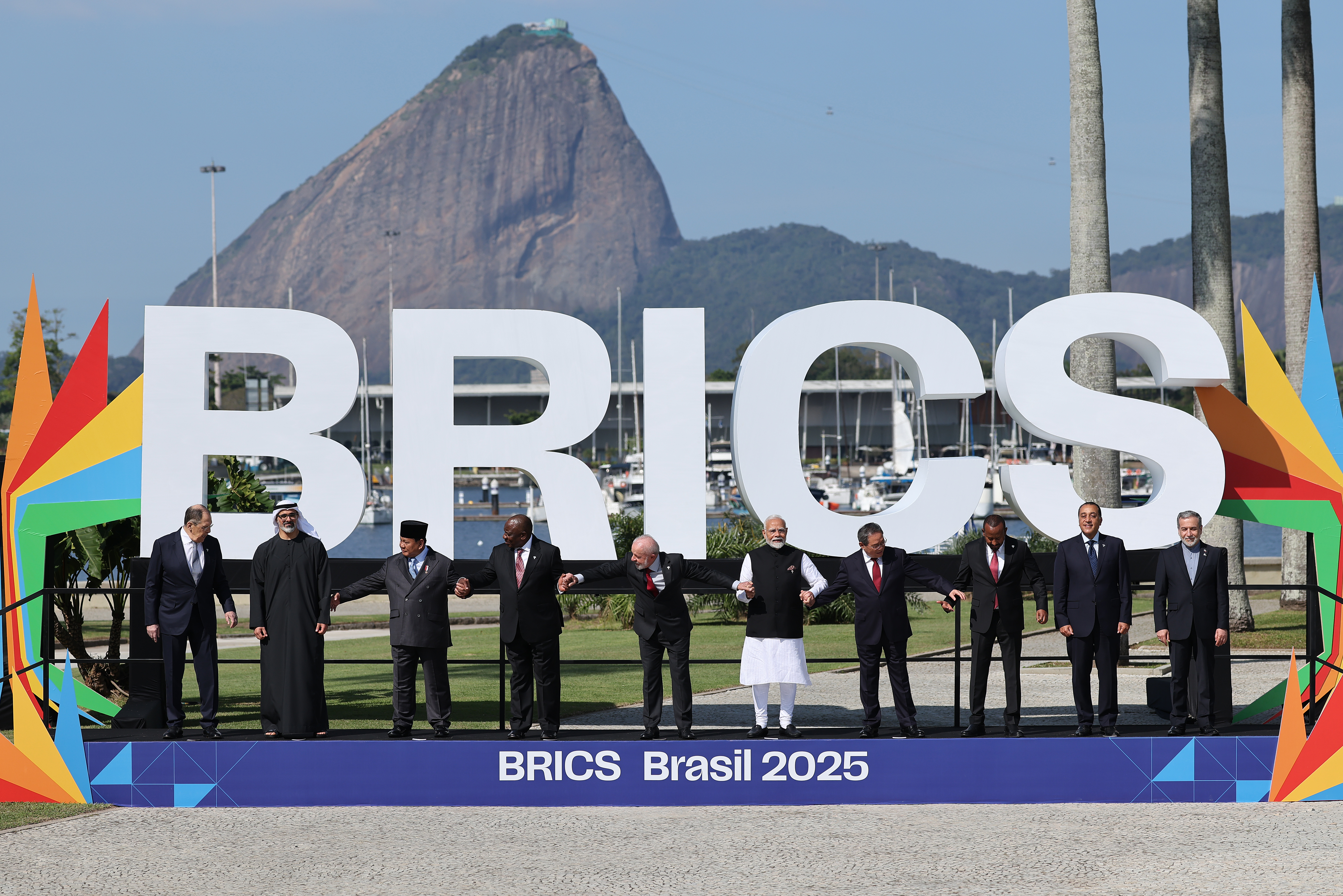RIO DE JANEIRO, BRAZIL - JULY 6: Russia's Foreign Minister Sergey Lavrov, UAE's President Sheikh Mohamed bin Zayed al-Nahyan, Indonesia's President Prabowo Subianto, South Africa's President Cyril Ramaphosa, Brazil's President Luiz Inacio Lula da Silva, India's Prime Minister Narendra Modi, China's Premier Li Qiang, Ethiopia's Prime Minister Abiy Ahmed, Egypt's Prime Minister Mostafa Madbouly, and Iran's Foreign Minister Abbas Araghchi pose for the family photo as part of the Brics Summit 2025 at Museu de Arte Moderna on July 6, 2025 in Rio de Janeiro, Brazil. (Photo by Wagner Meier/Getty Images)