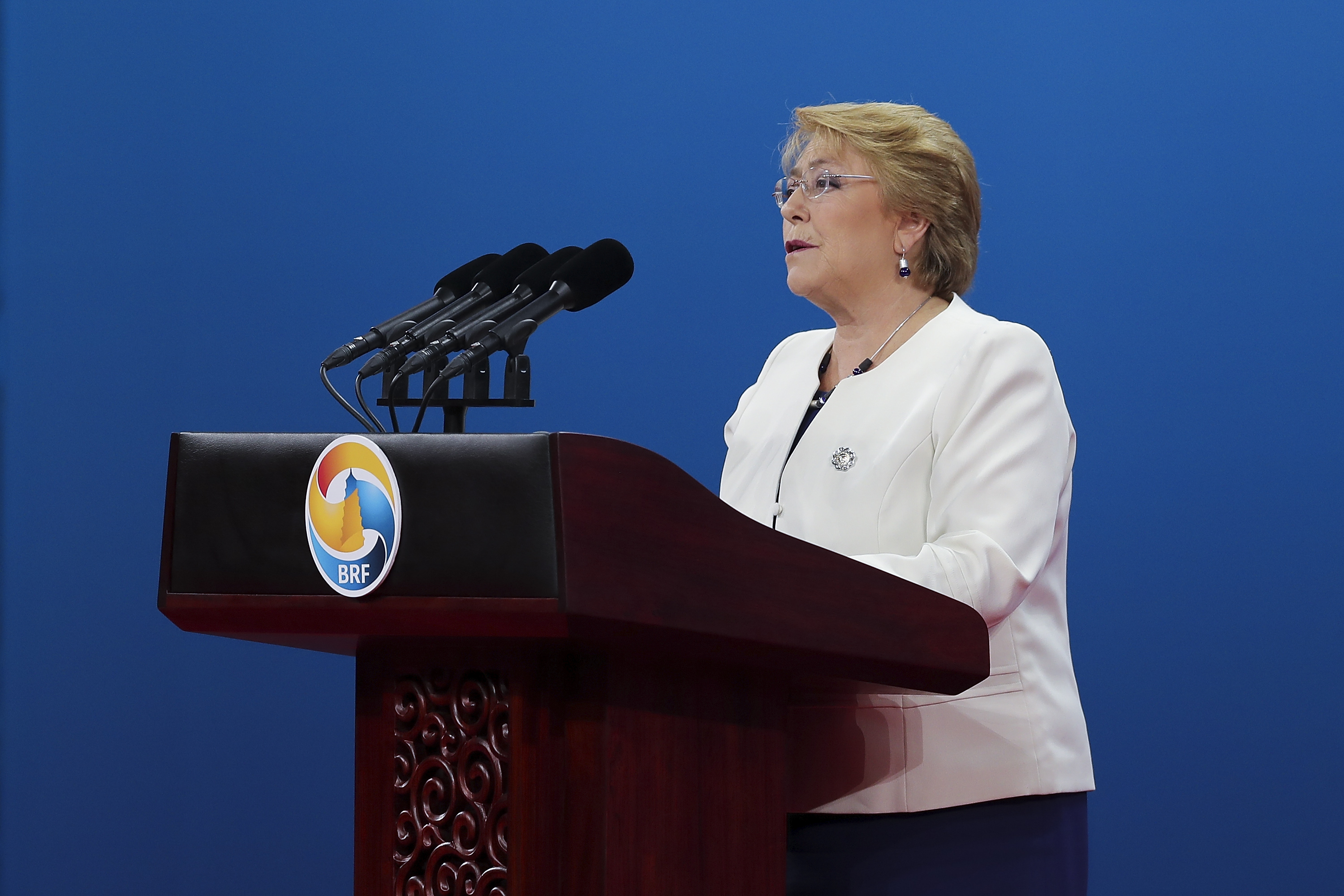 Former Chilean President Michelle Bachelet speaks during the Belt and Road Forum for International Cooperation in Beijing, China, on May 14, 2017 [File: Lintao Zhang/Getty Images]