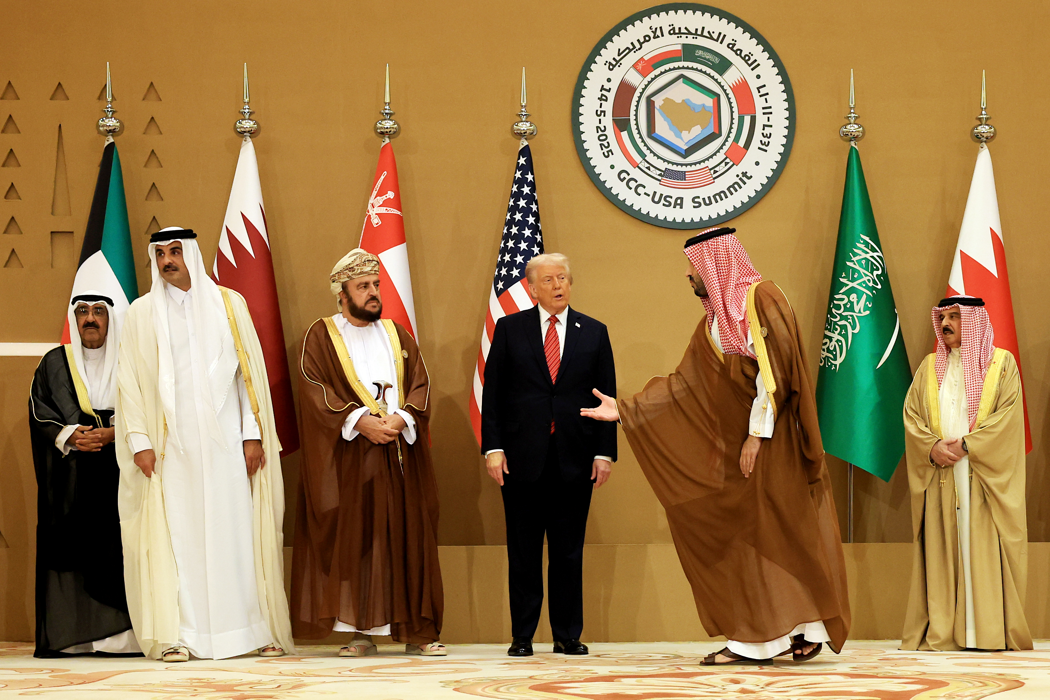 US President Donald Trump (3R) with Gulf countries' leaders during a US-GCC summit in Riyadh, Saudi Arabia, in May 2025