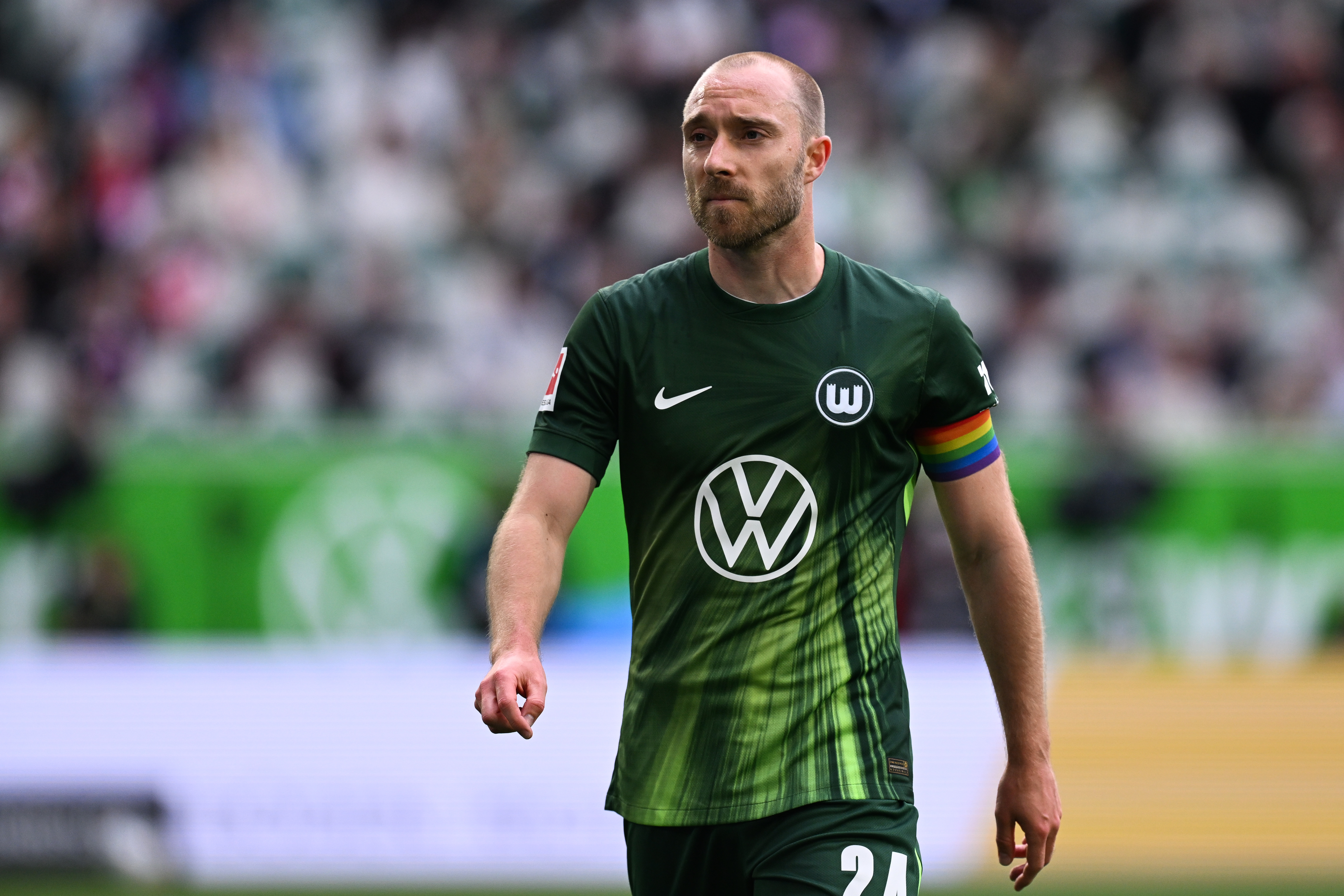 WOLFSBURG, GERMANY - MAY 09: Christian Dannemann Eriksen of VfL Wolfsburg looks dejected during the Bundesliga match between VfL Wolfsburg and FC Bayern München at Volkswagen Arena on May 09, 2026 in Wolfsburg, Germany. (Photo by Oliver Hardt/Getty Images)