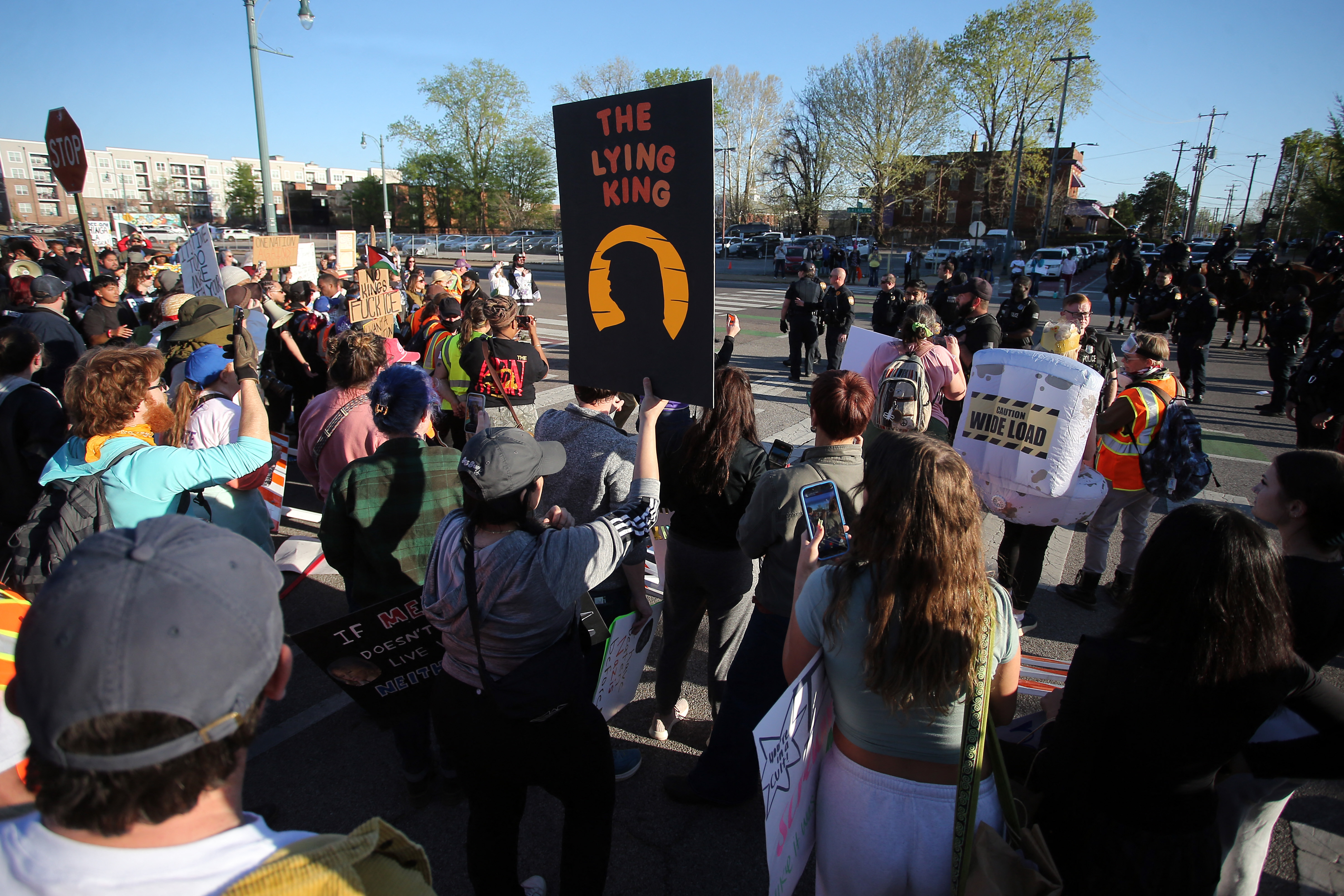Mar 28, 2026; Memphis, Tennessee, USA; A crowd of No Kings protesters chant at Memphis Police outside of FedEx Forum before the game between the Memphis Grizzlies and Chicago Bulls. Mandatory Credit: Petre Thomas-Imagn Images
