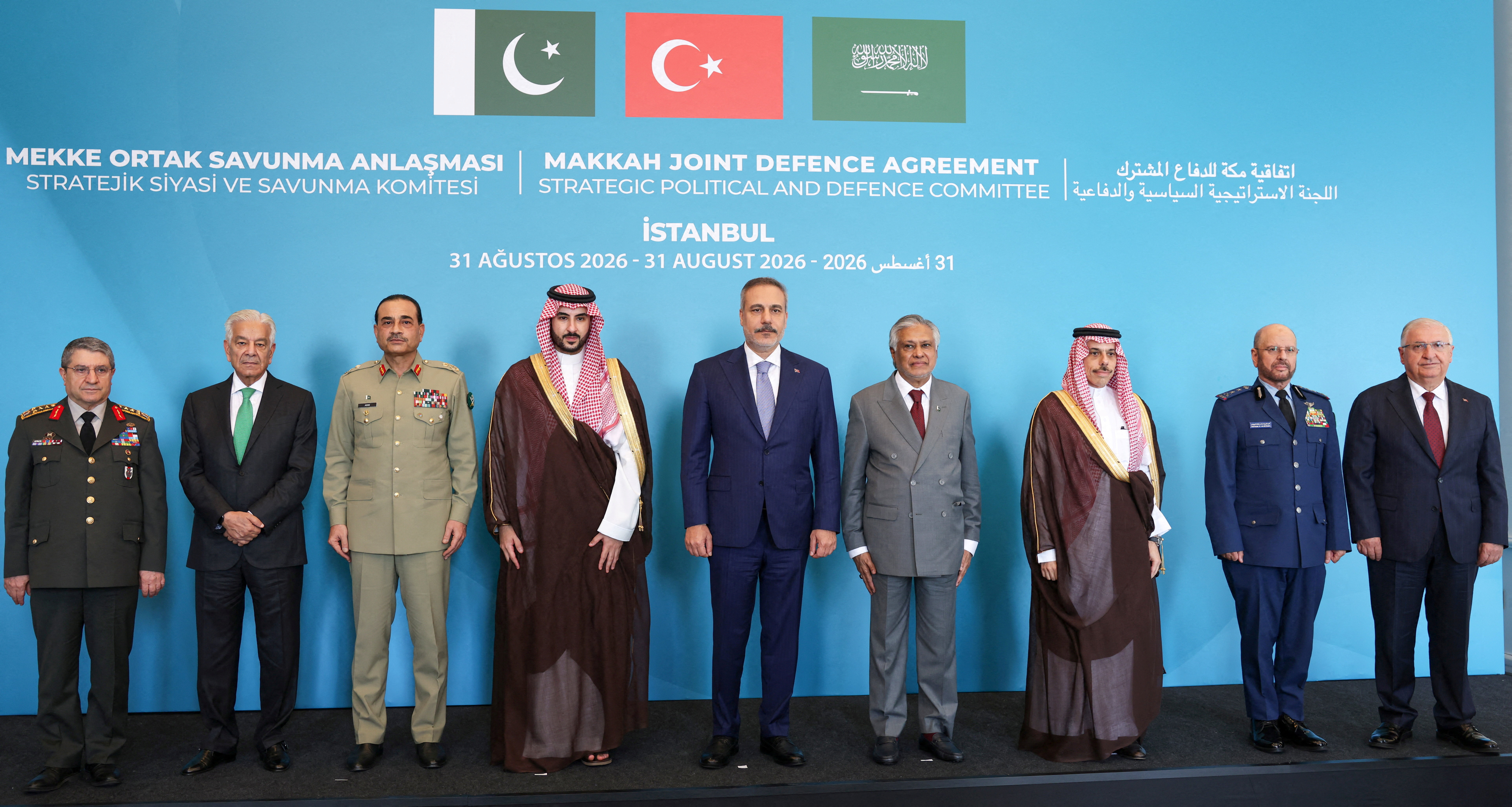 Turkey's Foreign Minister Hakan Fidan, Pakistan's Deputy Prime Minister and Foreign Minister Mohammad Ishaq Dar, Saudi Arabia's Foreign Minister Prince Faisal bin Farhan Al Saud, Turkey's Defence Minister Yasar Guler, Turkish Chief of General Staff General Selcuk Bayraktaroglu, Pakistan's Chief of Defence Forces and Chief of Army Staff Field Marshal Asim Munir, Pakistan's Defence Minister Khawaja Muhammad Asif, Saudi Arabia's Defence Minister Prince Khalid bin Salman, and Saudi Arabia's Chief of General Staff General Fayyadh bin Hamed Al-Ruwaili pose before the first committee meeting under the joint defence accord, the "Mecca Joint Defence Agreement", in Istanbul, Turkey, August 31, 2026. REUTERS/Murad Sezer