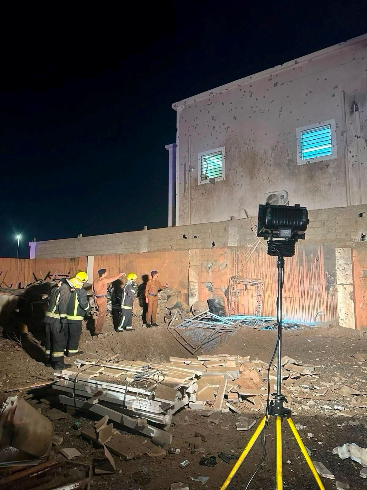 Members of security forces and emergency personnel inspect a damaged site in the aftermath of Houthi strikes, in a location given as Saudi Arabia, in this still image taken from a video released on September 8, 2026. Saudi Press Agency/Handout via REUTERS THIS IMAGE HAS BEEN SUPPLIED BY A THIRD PARTY. TPX IMAGES OF THE DAY