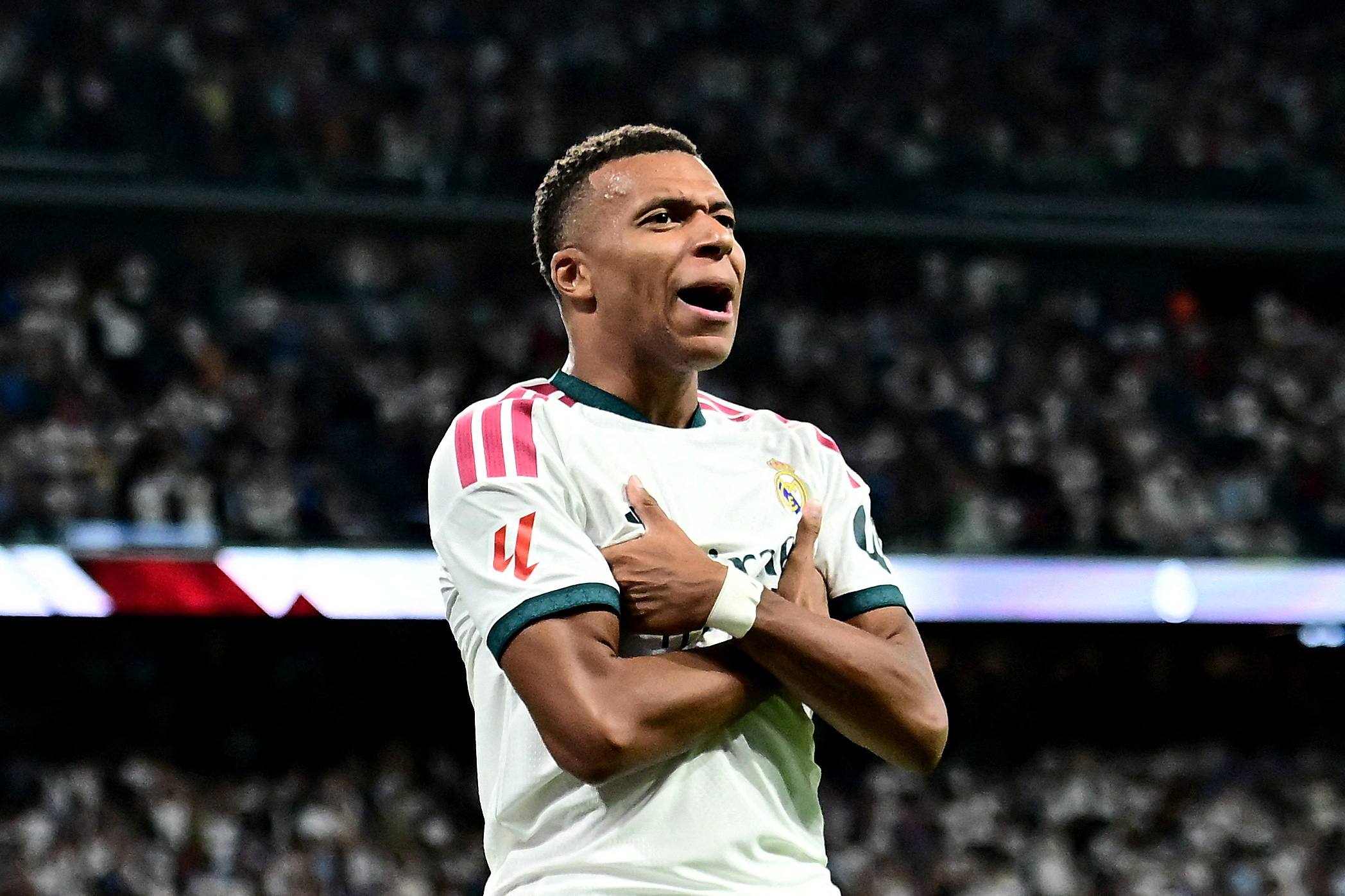 FILE PHOTO: Soccer Football - LaLiga - Real Madrid v Real Sociedad - Estadio Santiago Bernabeu, Madrid, Spain - August 26, 2026 Real Madrid's Kylian Mbappe celebrates scoring their second goal REUTERS/Juan Barbosa/File Photo