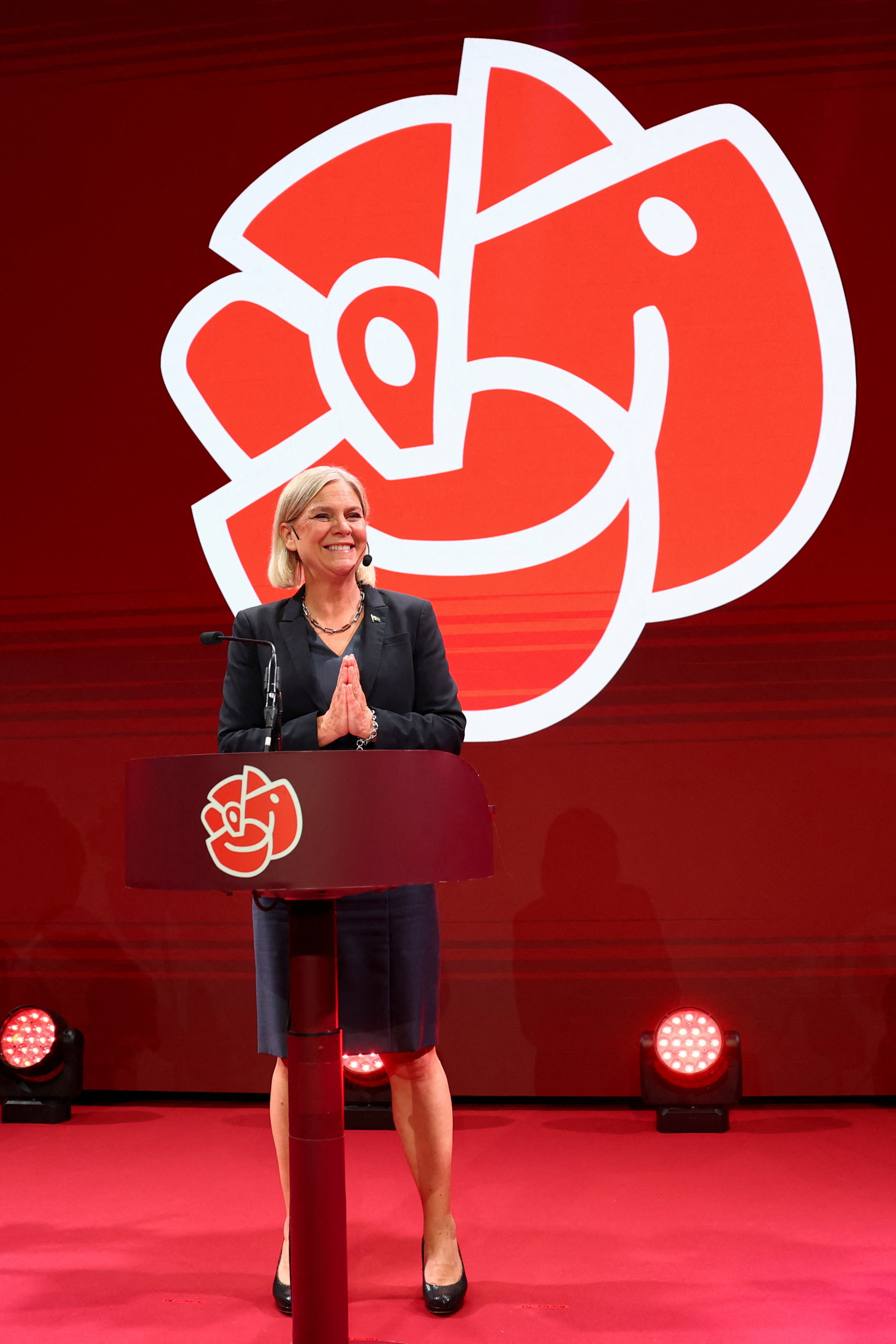 Swedish Social Democratic Party Magdalena Andersson gestures on stage as the general election's voting results are released in Stockholm, Sweden, September 13, 2026