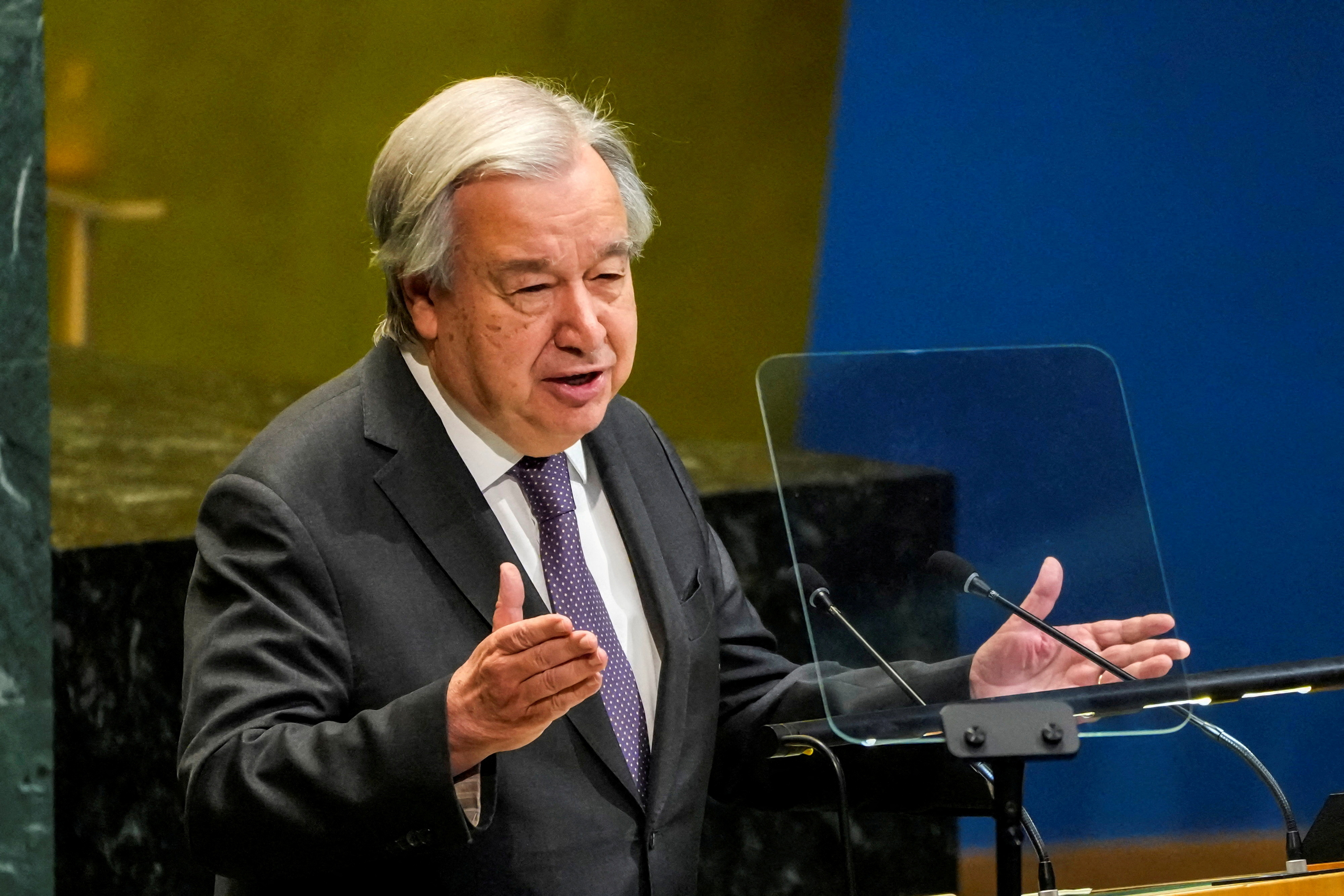 FILE PHOTO: United Nations Secretary-General Antonio Guterres speaks to delegates during a meeting on Nuclear Non-Proliferation Treaty at U.N. headquarters in New York City, U.S., April 27, 2026. REUTERS/Eduardo Munoz/File Photo
